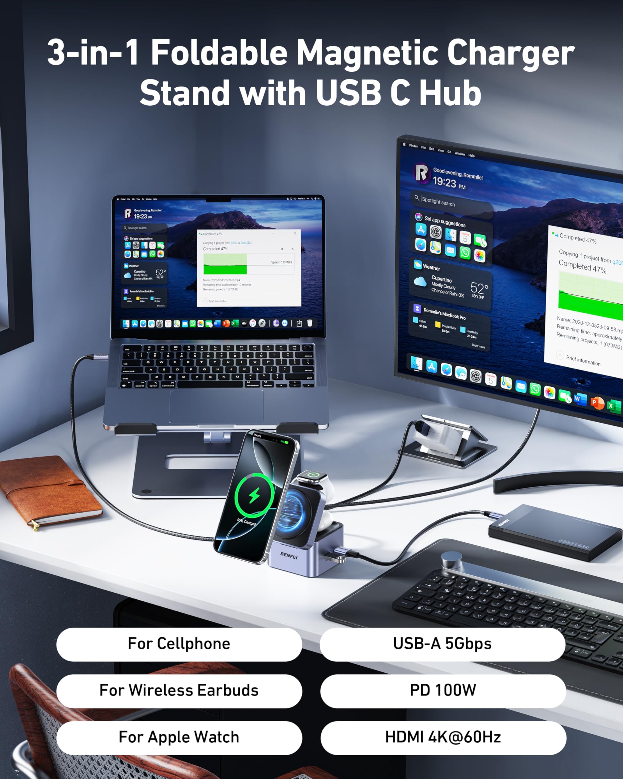 BENFEI Caricabatterie pieghevole 3 in 1 MagSafe con hub USB-C, stazione di ricarica wireless per iPhone 16/15/14/13/12, Apple Watch, AirPods, con supporto HDMI 4K@60Hz, 100W PD e 2 porte USB 3.0 5Gbps