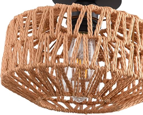 Miniatura 3 de Lámpara de techo, lámpara de techo de ratán tejida a mano, montaje empotrado, lámpara de granja, soporte de techo bohemio para pasillo, dormitorio,