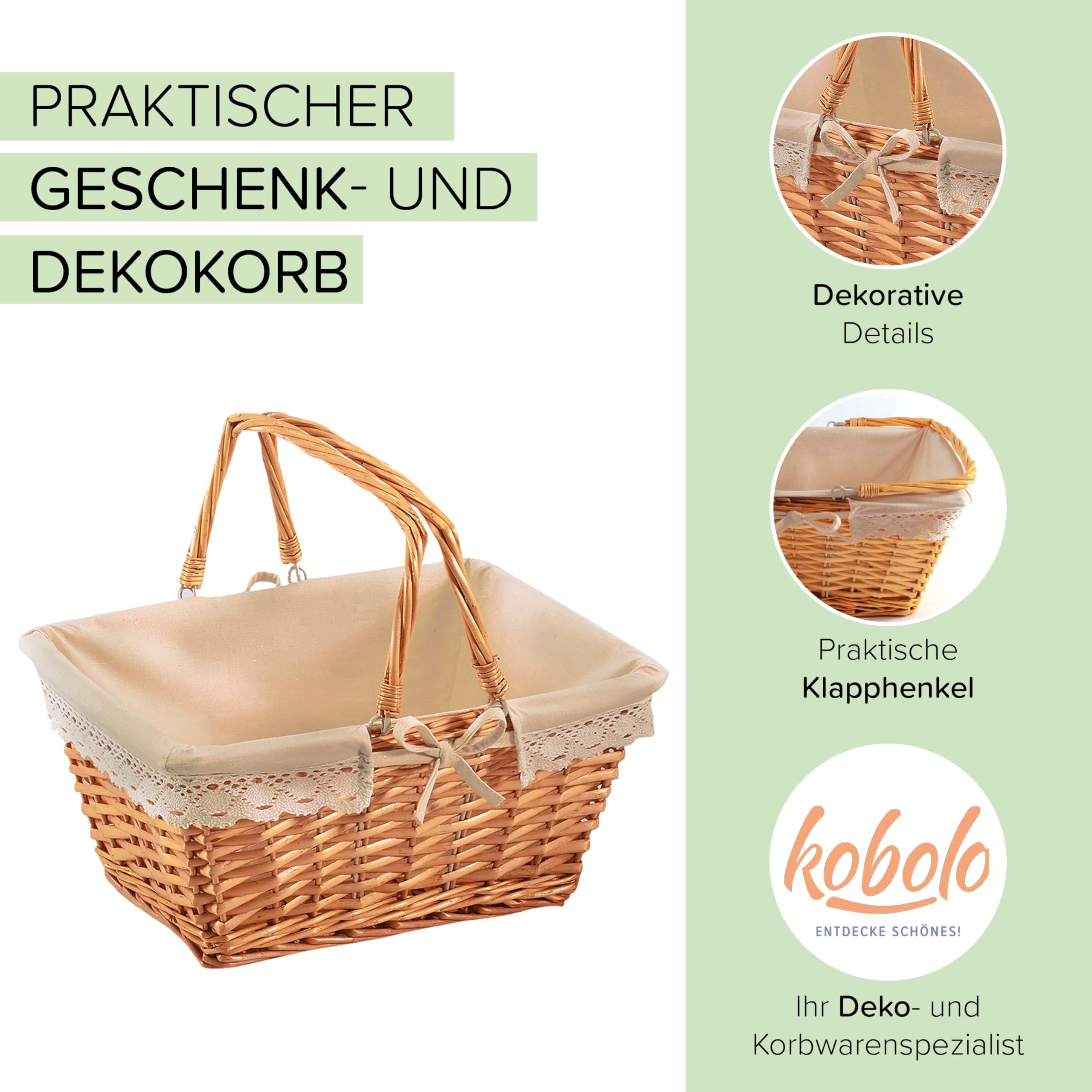 Kobolo Klappbügelkorb Weidenkorb mit Klapphenkeln eckig Textilfutter mit Häkelborte - braun - 40x30x19/34H cm