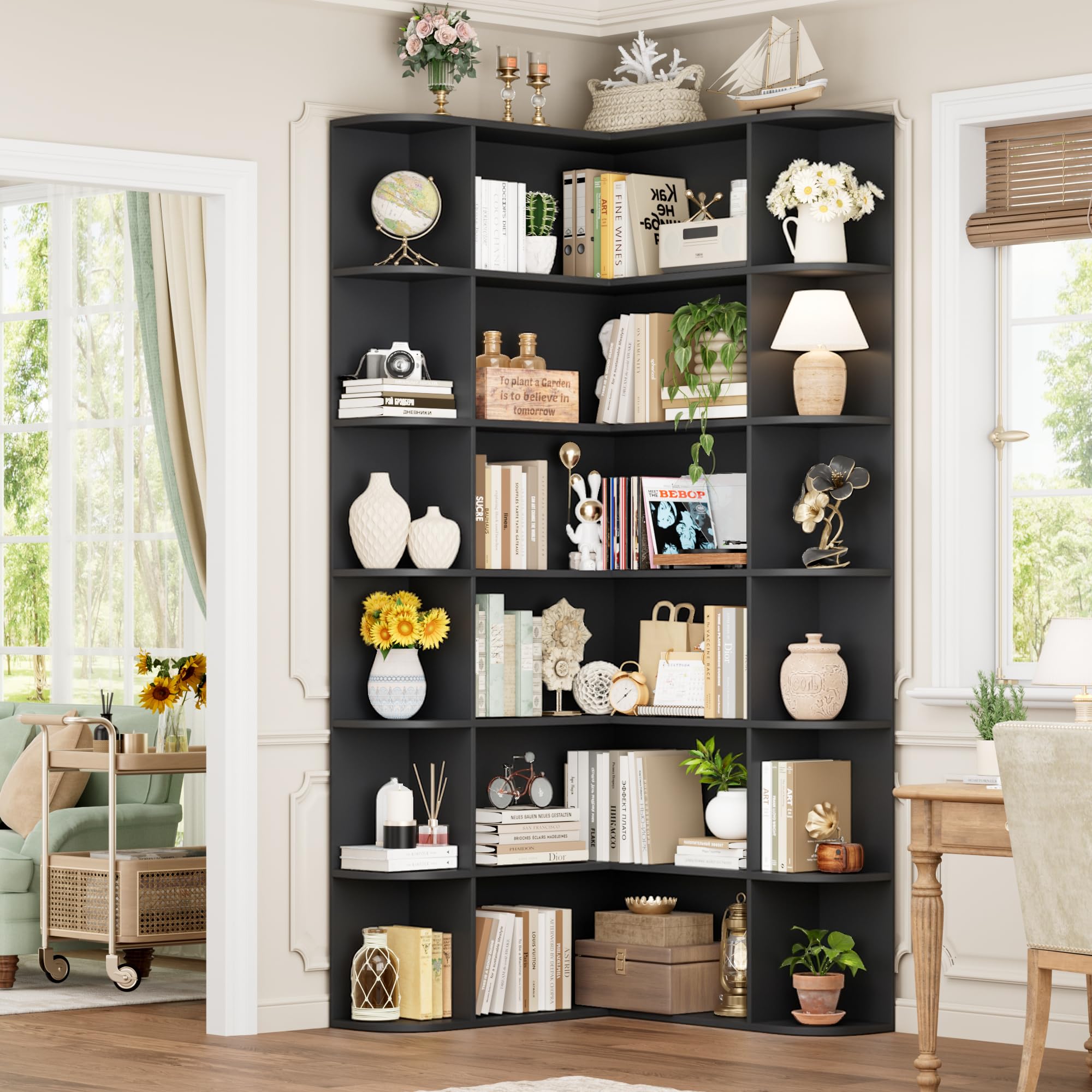 FOTOSOK 74” Tall Corner Bookshelf, 6-Tier Bookshelf and Bookcase with Open Storage, L Shaped Tall Bookcases Wooden Storage Shelves for Home Office, Thickened Boards for Better Load Bearing, Black