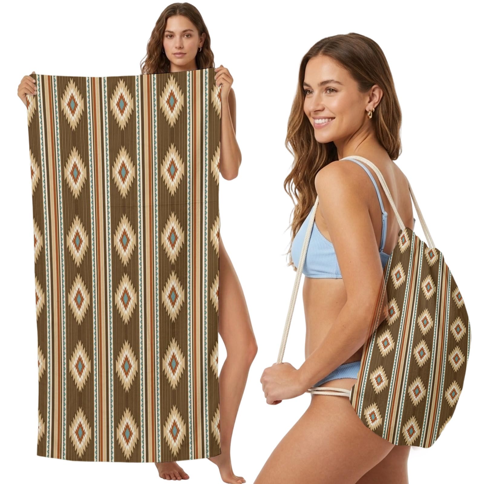 FWJZDSP Beach Towel Bag 2 in 1 Brown Diamonds Stripes Bath Pool Towels Backpack Geometric Vertical Striped Lines Absorbent Beach Towel Soft Quick Dry Packable Towels Drawstring Bag for Travel Sports
