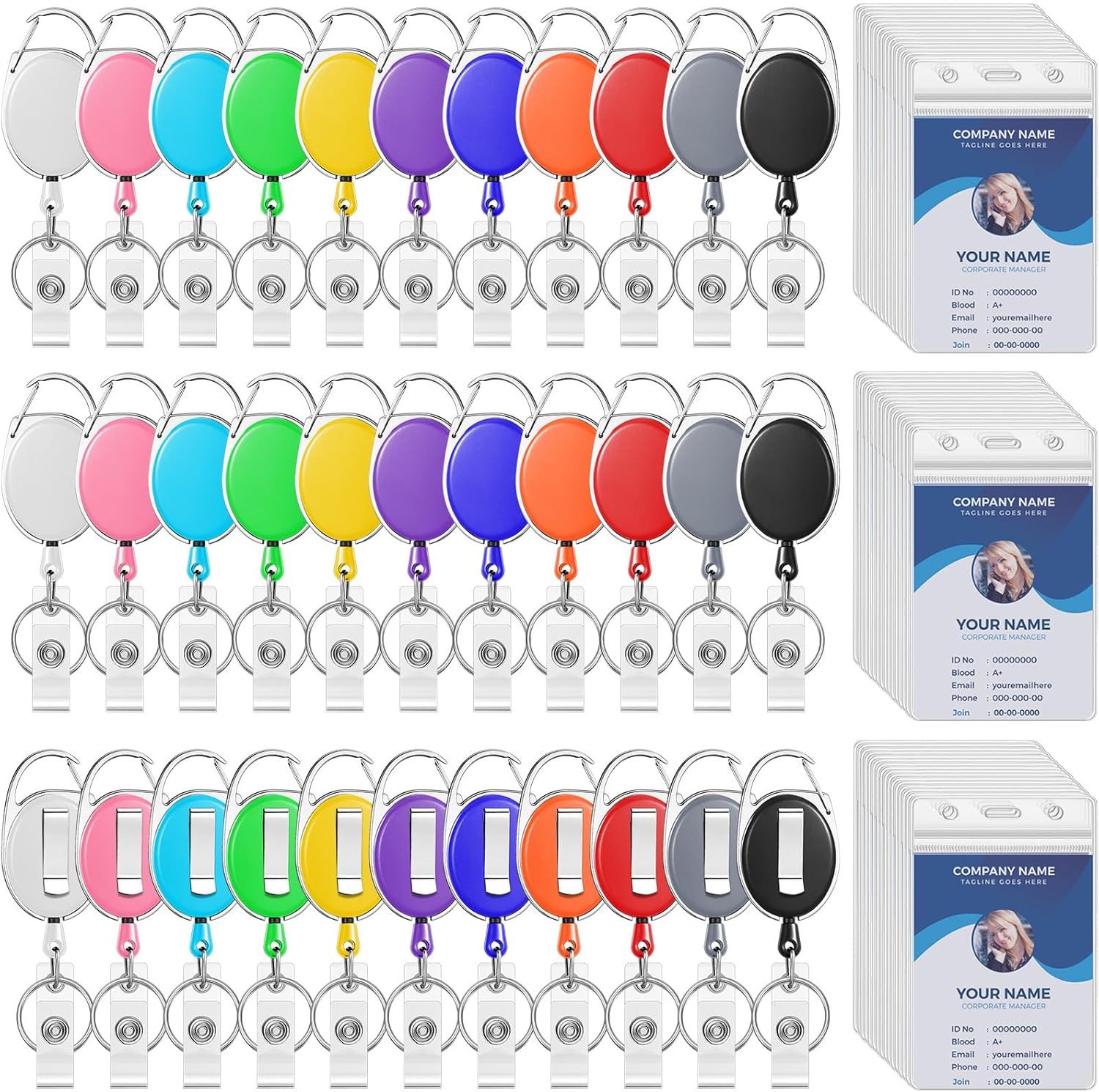 Laumoi 60 Pack Heavy Duty Retractable Badge Holder Reel with Belt Clip Keyring and Waterproof ID Card Holders for ID Name Card Keychain Badge (Horizontal,11 Colors)