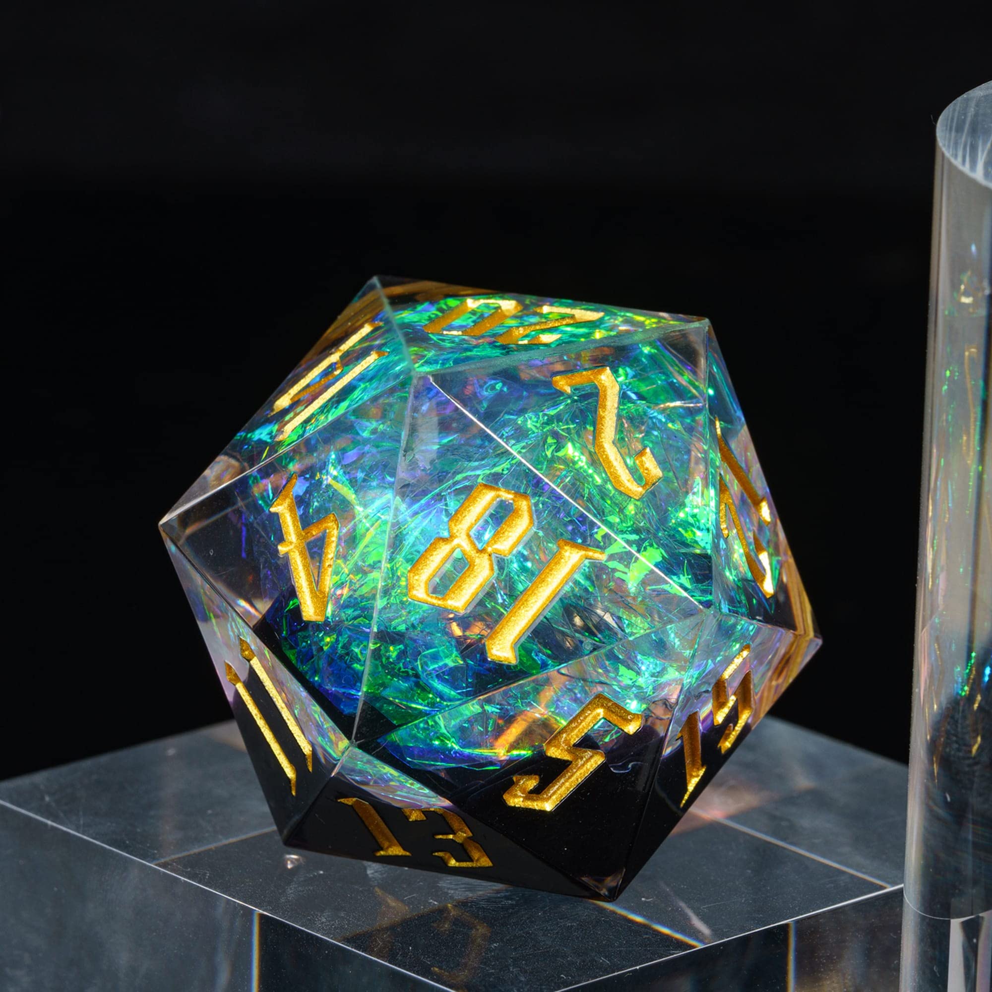 Cusdie Dadi D20 DND da 33 mm, con bordi affilati e inclusioni in lamina glitterata, dadi singoli da 20 lati, per giochi di ruolo come regalo per giochi di ruolo come dungeons e draghi (nero