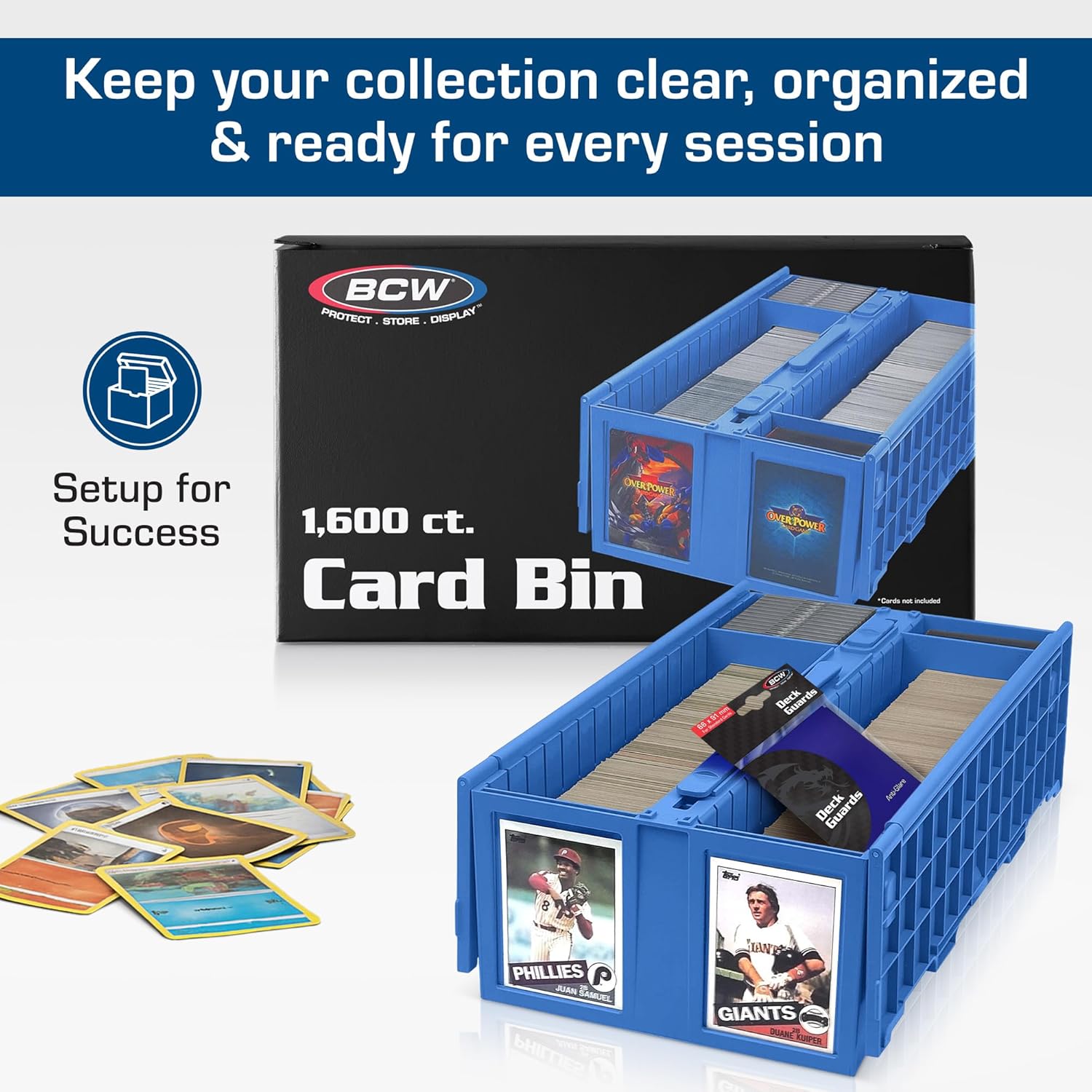 BCW 1600 Card Bin & 500 Deck Guard Sleeves – Blue | Holds 1,600+ Cards | Stackable Storage Bin | Anti-Glare Sleeves