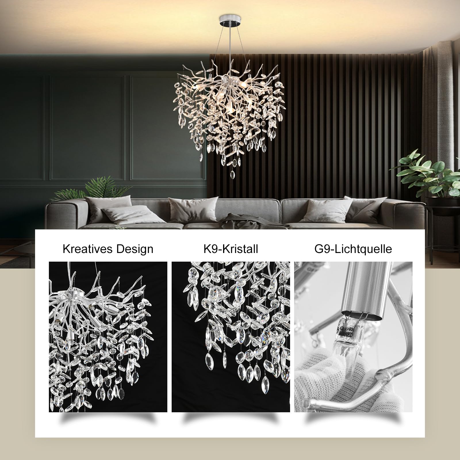 Lusso Lampadario di Cristallo, Argento Lampada a Sospensione di Cristallo a Forma di Ramo d'albero, Lampadario al Cristallo Luce per Sala da Pranzo, Soggiorno, Camera da Letto