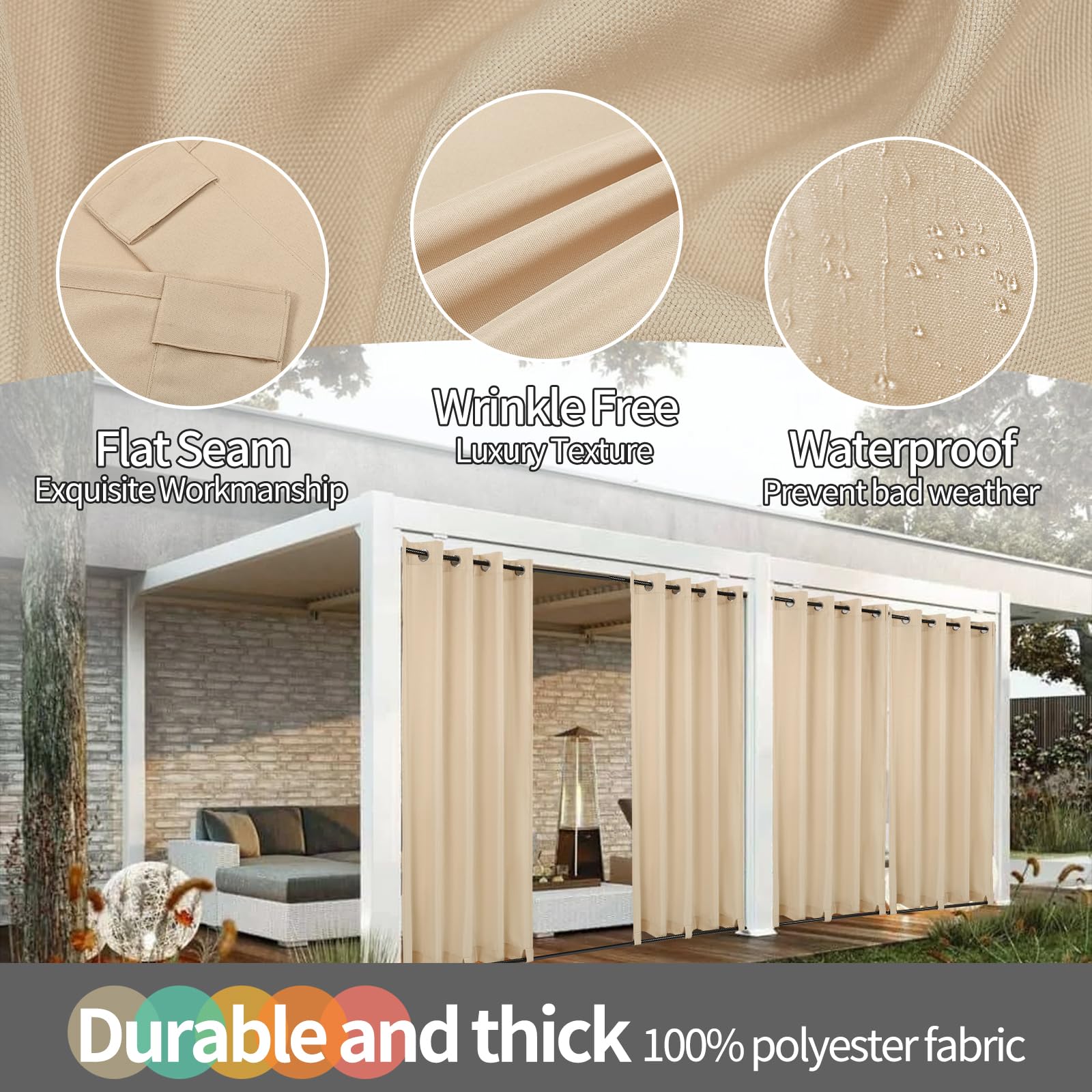 Teruntrue Rideau Extérieur Lot de 2 Rideau pour Pergola Occultant Résistant aux Intempéries avec Oeillet, Rideaux pour Tonnelle, Balcon, Terrasse, Rideaux avec Passants en Bas, H213 x L132 cm, Beige