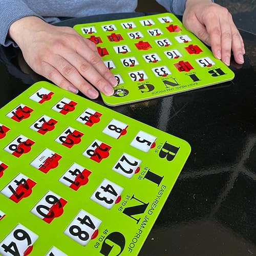 Miniatura 7 de MR CHIPS Tarjetas de bingo a prueba de atascos con ventanas deslizantes, 50 tarjetas obturadoras reutilizables, 75 llamadas, 1 tablero maestro más