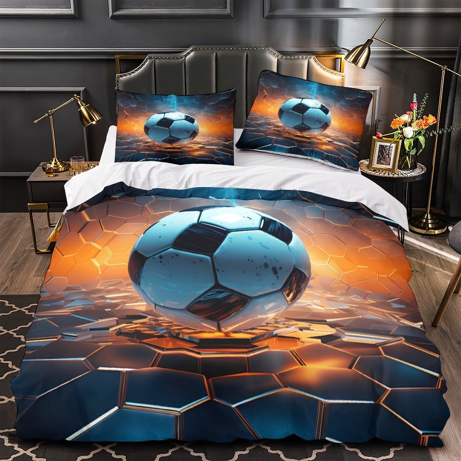 Parure de lit football 140x200 cm avec housse de couette zippée 3D