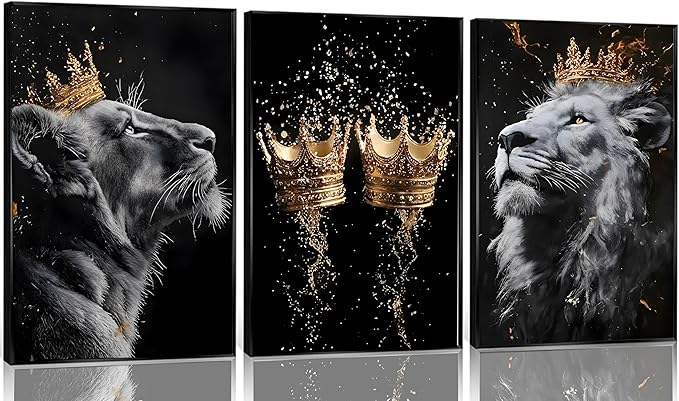 3 Pieces Lion Canvas Wall Art Golden crown with lion Poster print Modern Motivational Black And White Lion Pictures Wall Decor for Living room Office Decoration Unframed