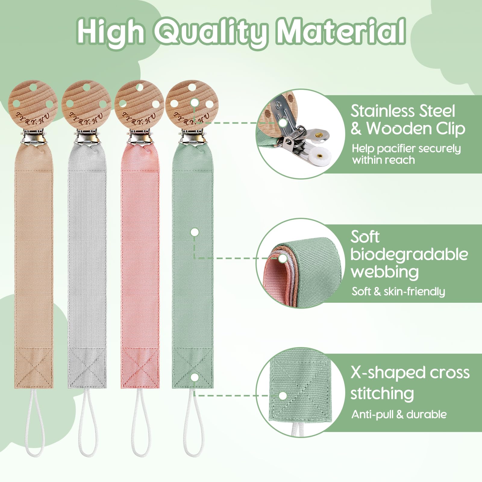 TYRY.HU Catenella Portaciuccio Tessuto Morbido Catenella Ciuccio Fatto a Mano Succhietto Porta Clip di Legno Cotone Bambini Ragazzi Massaggiagengive Clip Baby Regalo,4 Pezzi