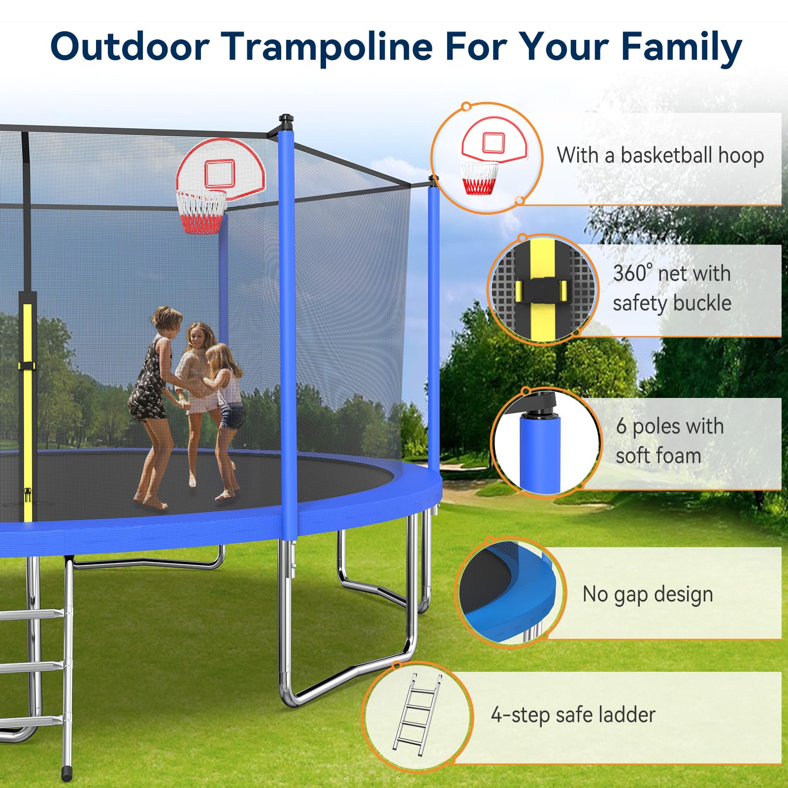 Tatub 15FT Trampoline with Safety Enclosure Net Basketball Hoop and Ladder, Recreational Backyard Bounce for 5-7 Children and Adults for Outdoor Trampolines