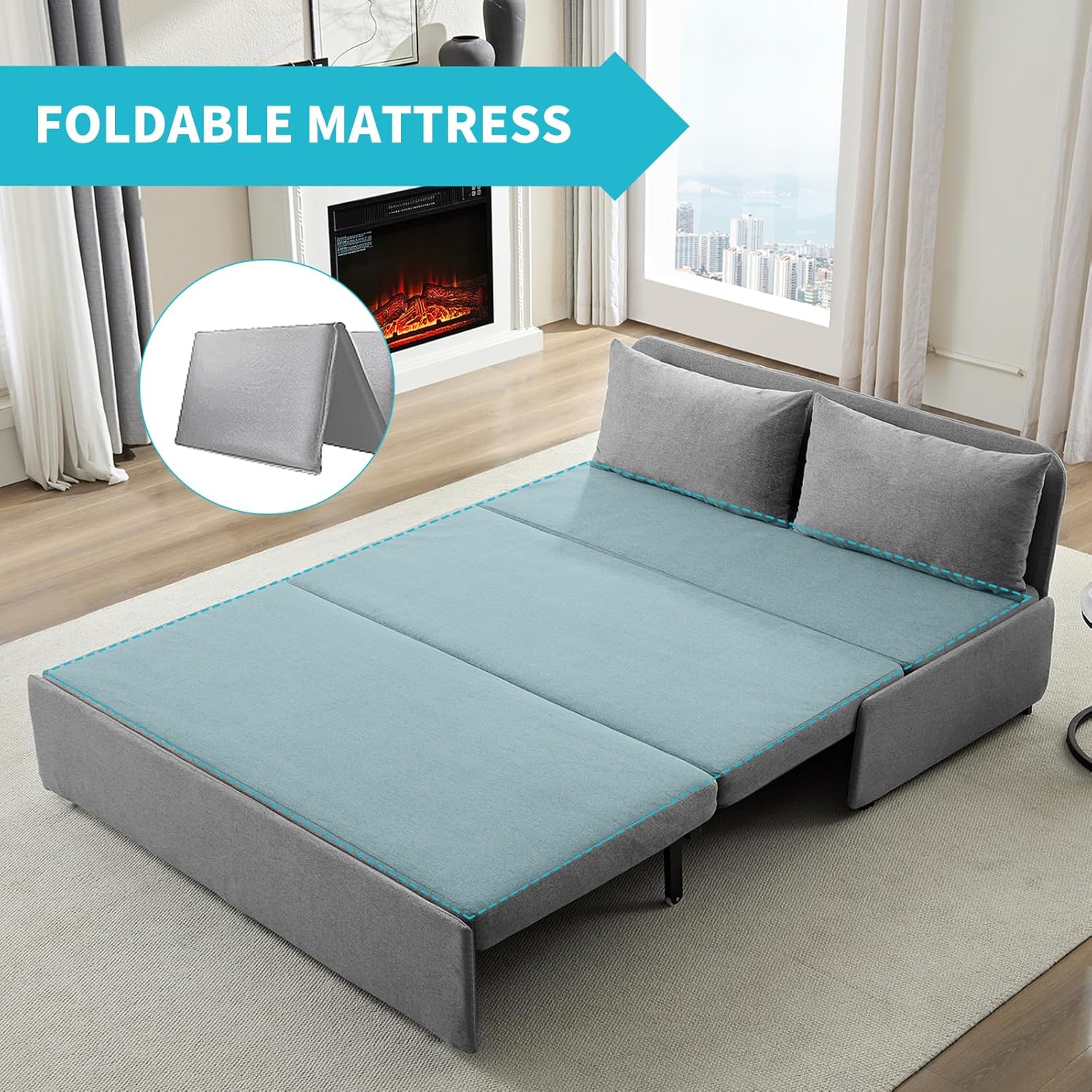 CECER 64.2" Queen Size Pull Out Sofa Bed, Pull Out Couch Bed with 2 Pillows, Linen Convertible Sleeper Sofa with Foldable Mattress, 2 in 1 Armless Sleeper Sofa for Living Room-Light Grey