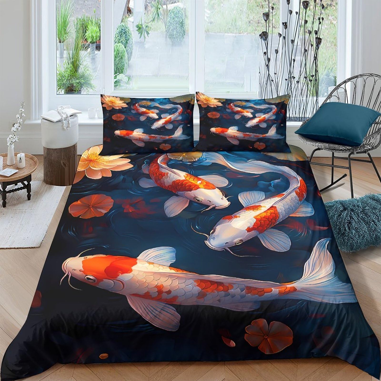 Ctjqhvkz Style-9 3D Printed Koi Fish Pond Fitted Sheet Microfiber Soft Anti-Slip Lotus Bed Cover For Bedroom Decor Protection Single（135X200cm）