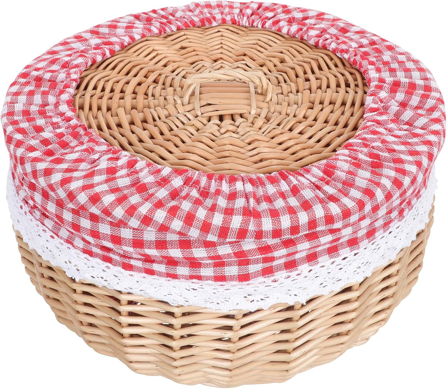 VALICLUD Woven Wicker Food Storage Basket Red and White Liner, Small 25Cm Diameter Bread and Snack Serving Basket for Home Kitchen Dining