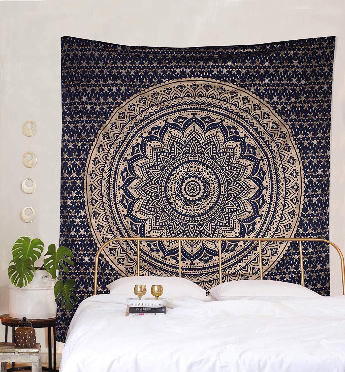 Vert Paon Mandala Imprimé Tenture Murale Coton Lit Drap Avec 2 Housse
