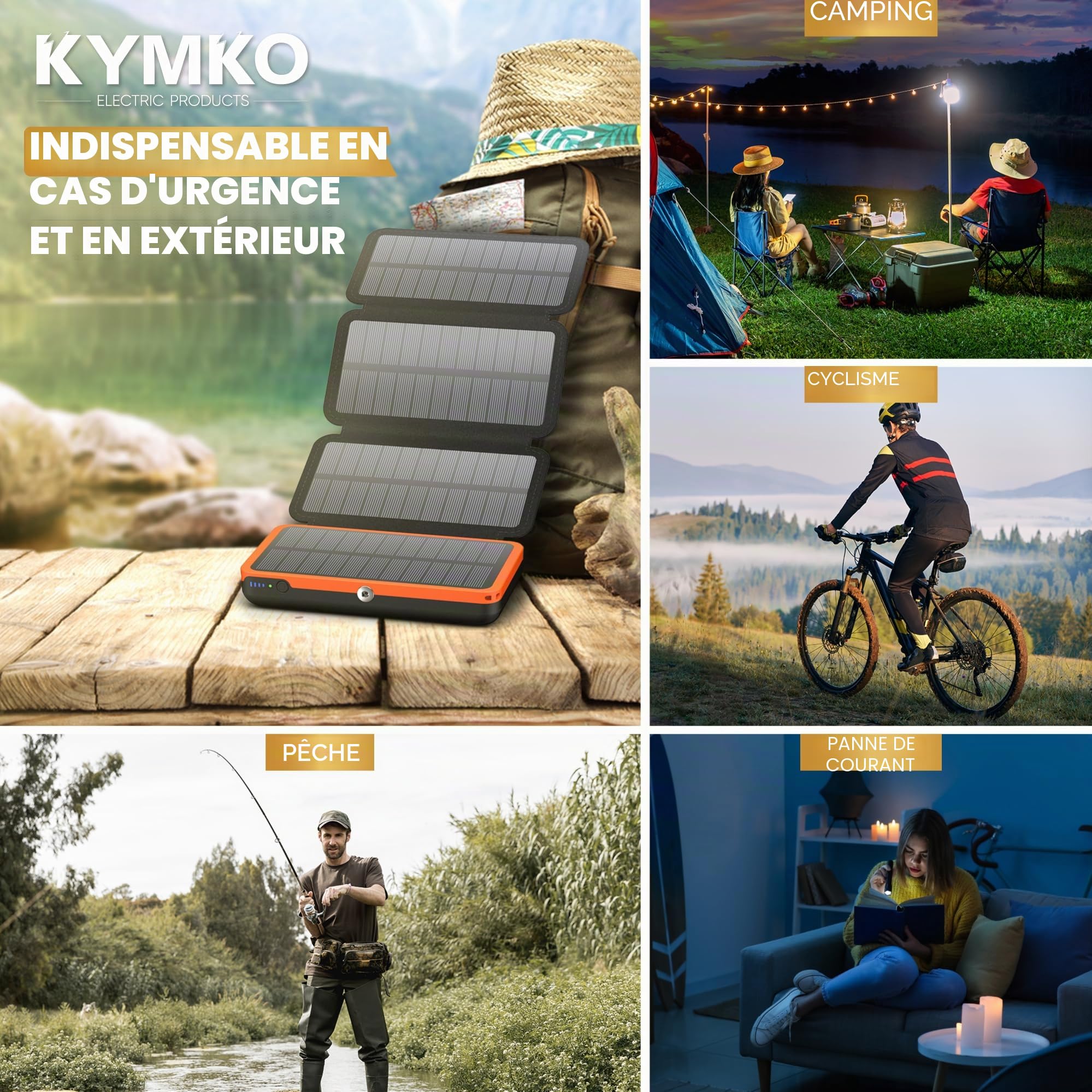 Chargeur solaire pour téléphone portable 27 000 mAh avec 4 panneaux solaires pliables | Power Bank solaire portable USB-C 22,5 W, lampe torche LED SOS, batterie externe IP66 | Idéal pour les