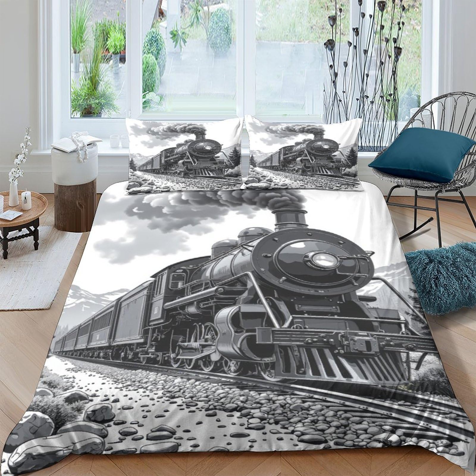 Ctjqhvkz Style-10 3D Printed Steam Train Fitted Sheet Microfiber Black White Retro Railway Bed Cover For Bedroom Guestroom Decor Single（135X200cm）