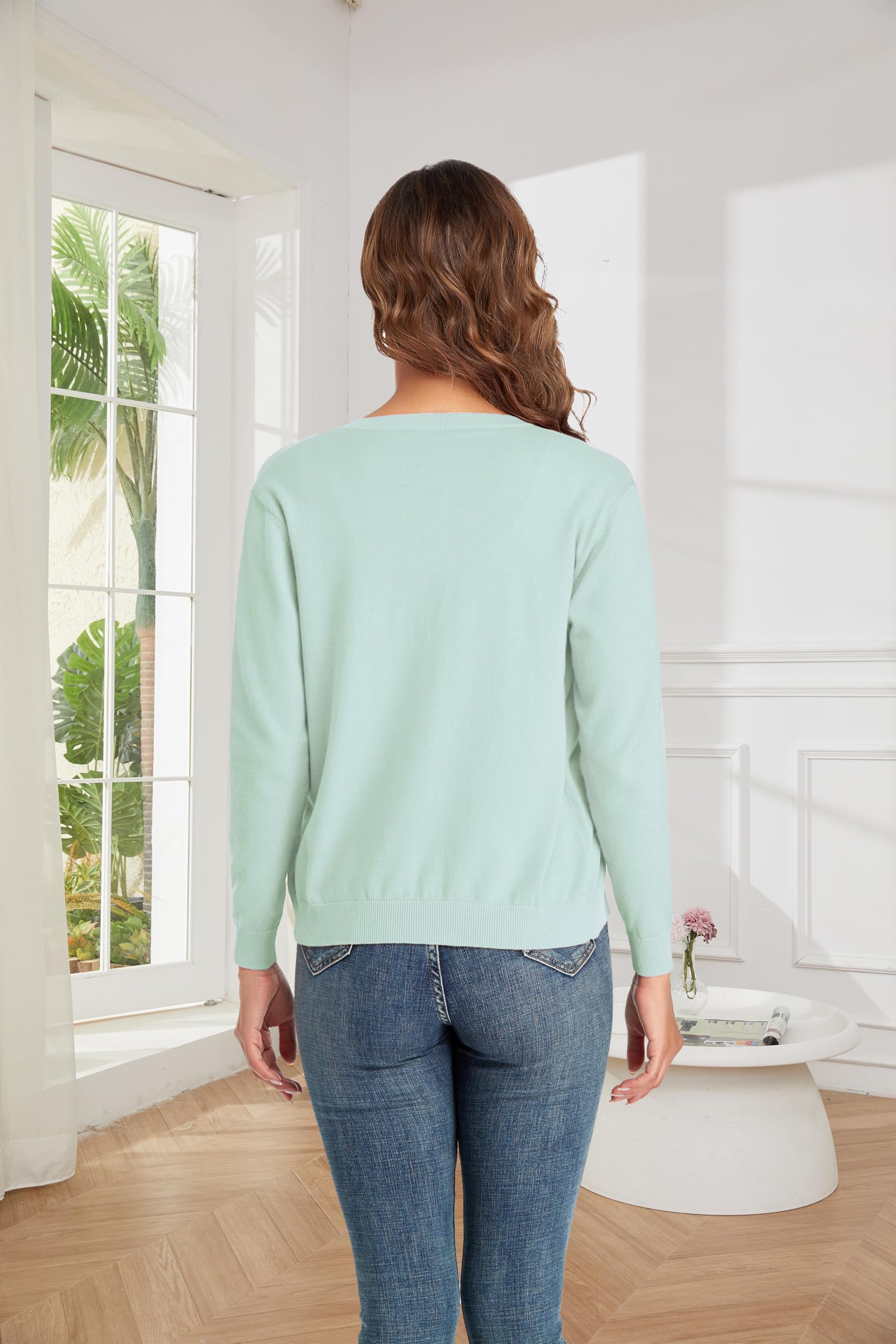 CUNYI Cardigan Donna Maglia con Bottoni Girocollo Classico Manica Lunga Giacca Cappotto Elegante, Menta Verde M
