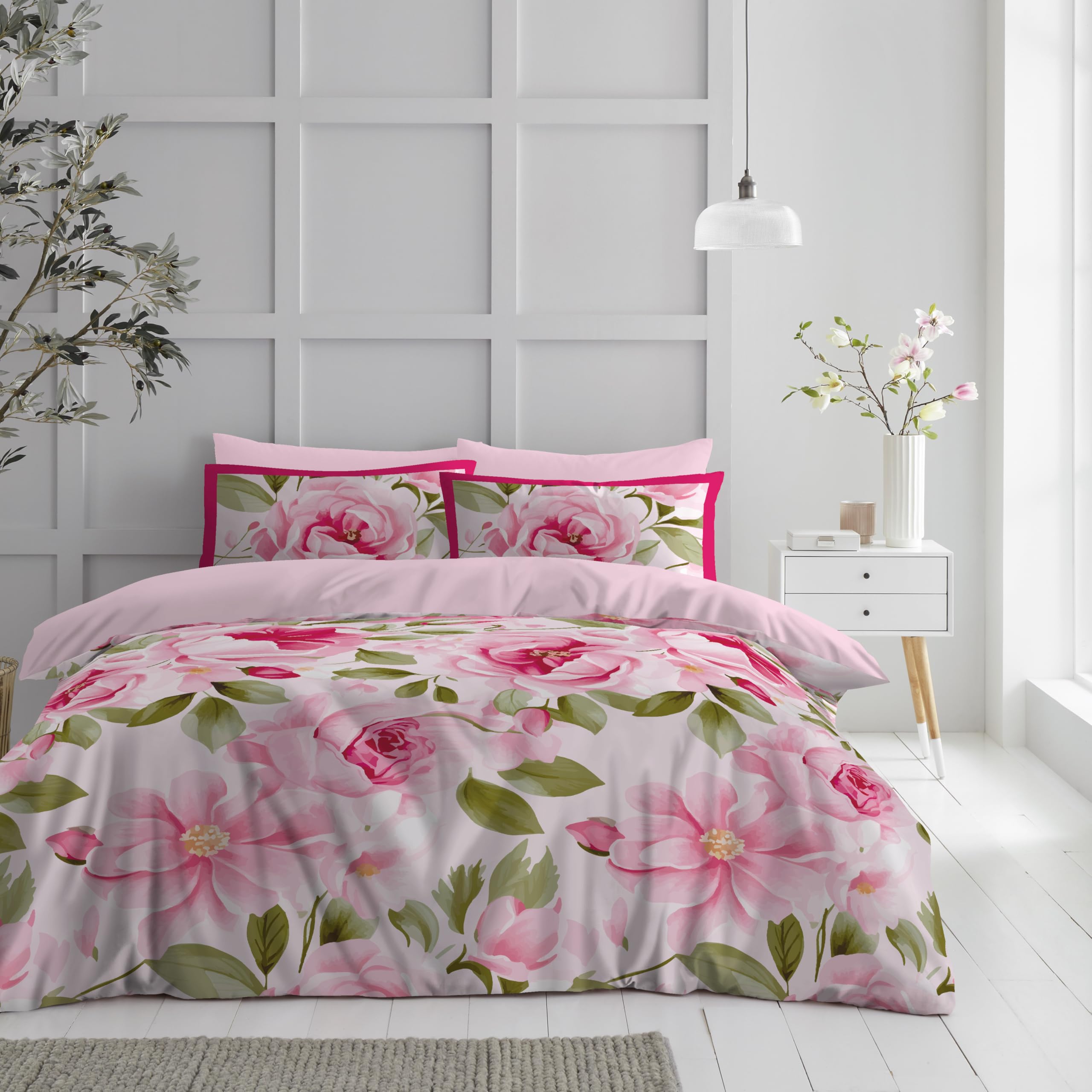 GC GAVENO CAVAILIA Microfiber Kingsize Duvet Cover Sets | Floral Bedding Sets King Size, Reversible Plain Quilt Cover Bed Set | Hypoallergenic Duvet Cover With Pillowcases | (230x220 Cm), Pink
