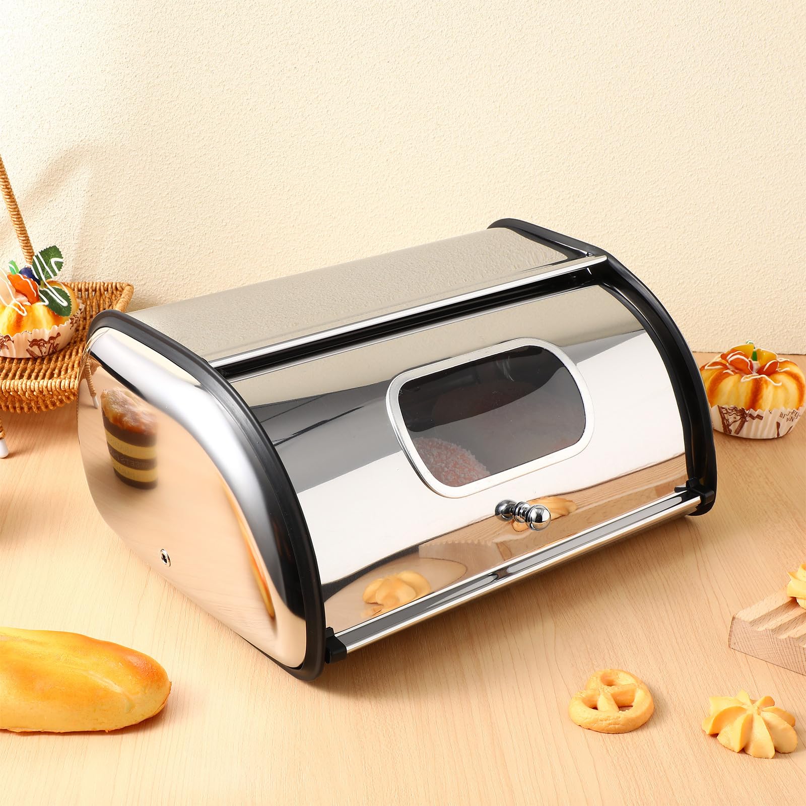 SHINEOFI Caja de Pan de Acero Inoxidable Pequeña Superficie Espejo para Cocina, Organizador de Pan Práctico y Contenedor de Alimentos para Hogar, Cafetería y Panadería