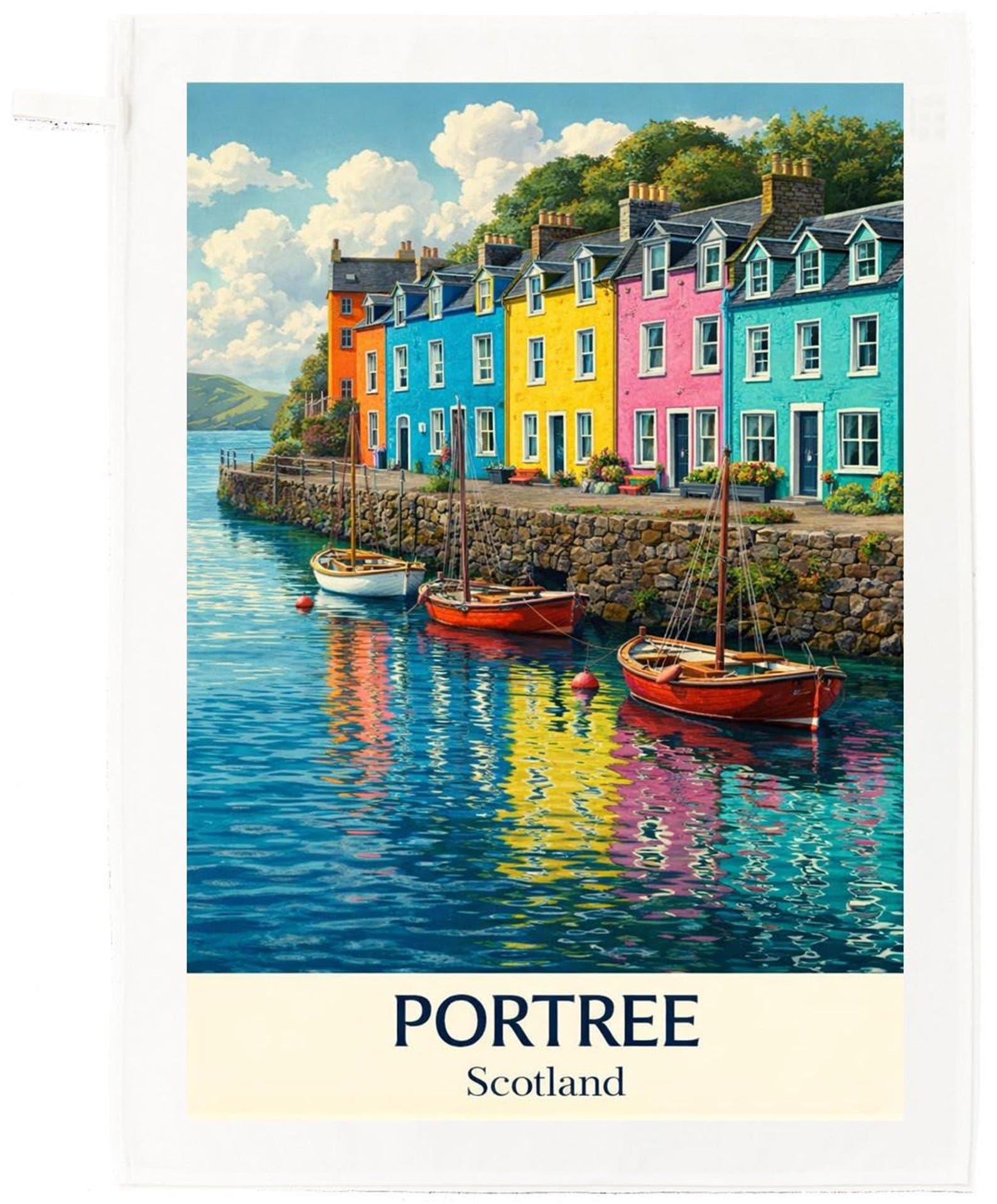 Half a Donkey Portree Scotland Cotton Tea Towel – Colourful Harbour Design, Isle of Skye