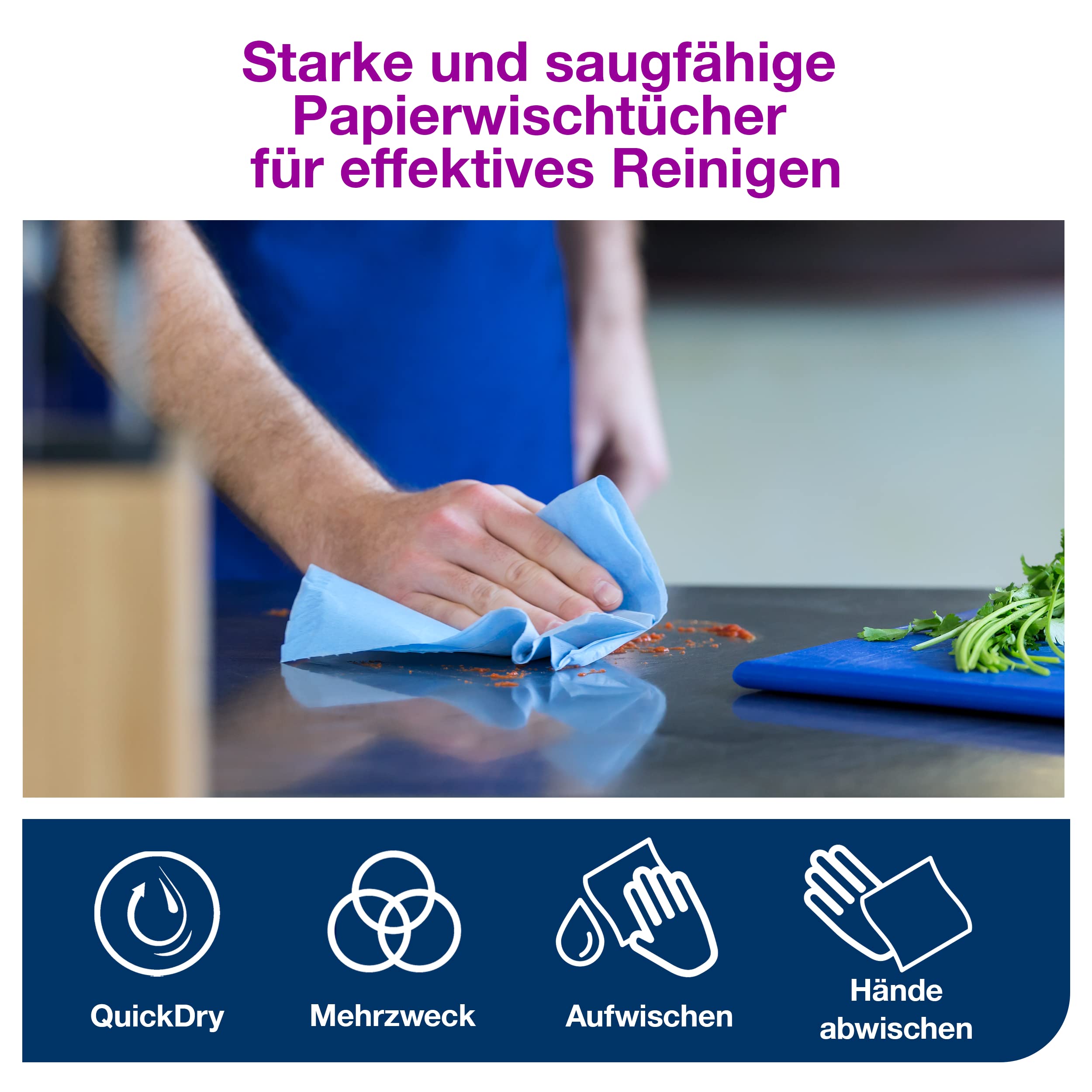 Tork 130050 Starke Mehrzweck Papierwischtücher für W1 Bodenständer- und Wandhalter-System / 2-lagige Papierrolle in Blau / Premium Qualität / 1 x 510 m