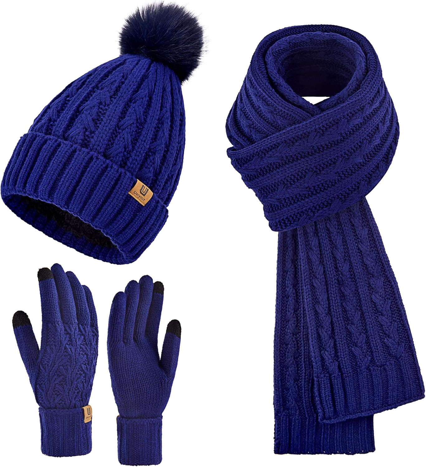 Womens Winter Warm Beanie Hat Long Scarf Touchscreen Gloves Set with Fleece Lined Skull Pom Caps 3 in 1 Set for Gift