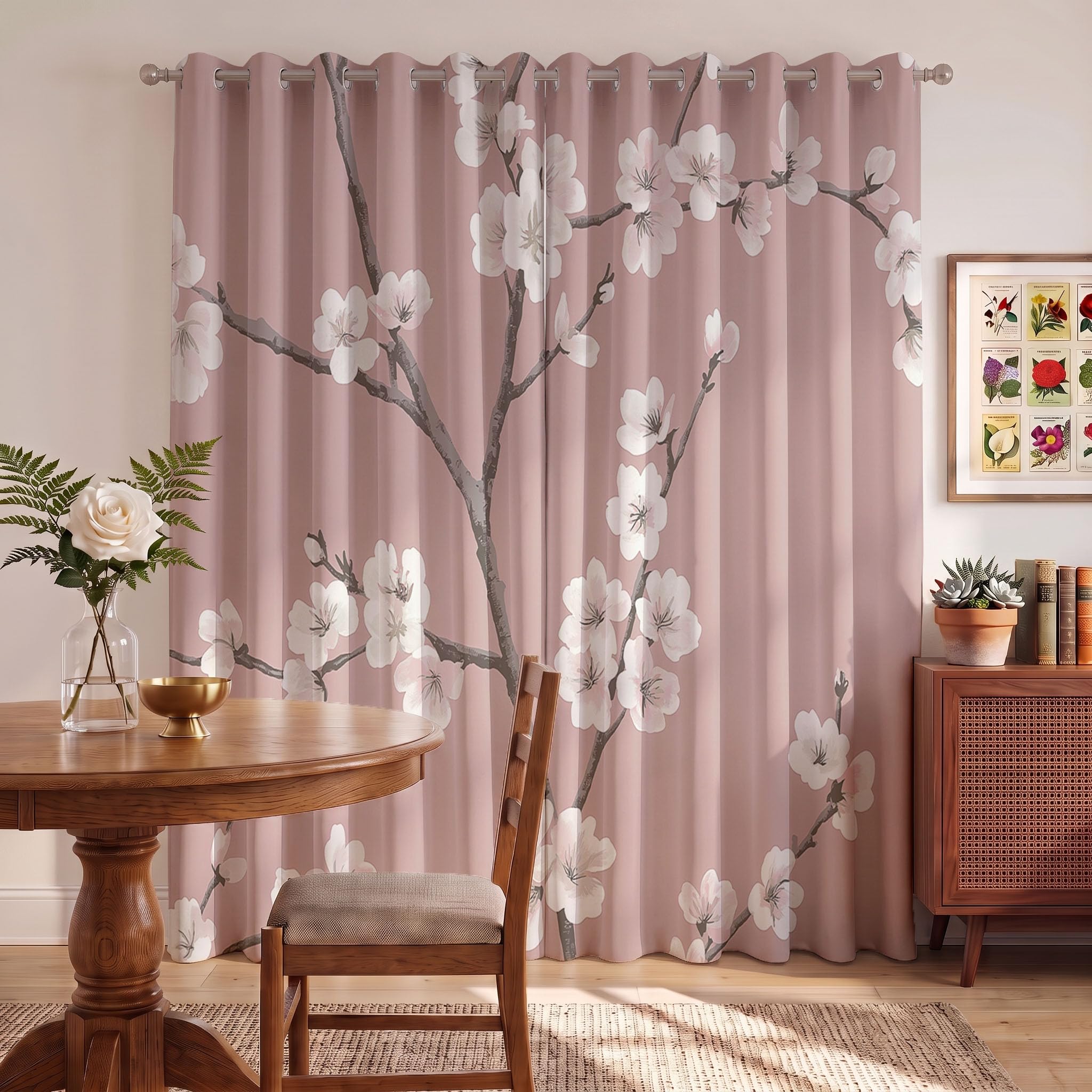 Rideau Cerisiers En Fleurs Japonais Chambre, 2 Pièces 140X160 Cm (Lxh) | Rideaux Occultant Fleurs Élégantes Branches Salon, Thermique Oeillets Fenêtre Decoration, Opaque Draperies Rose