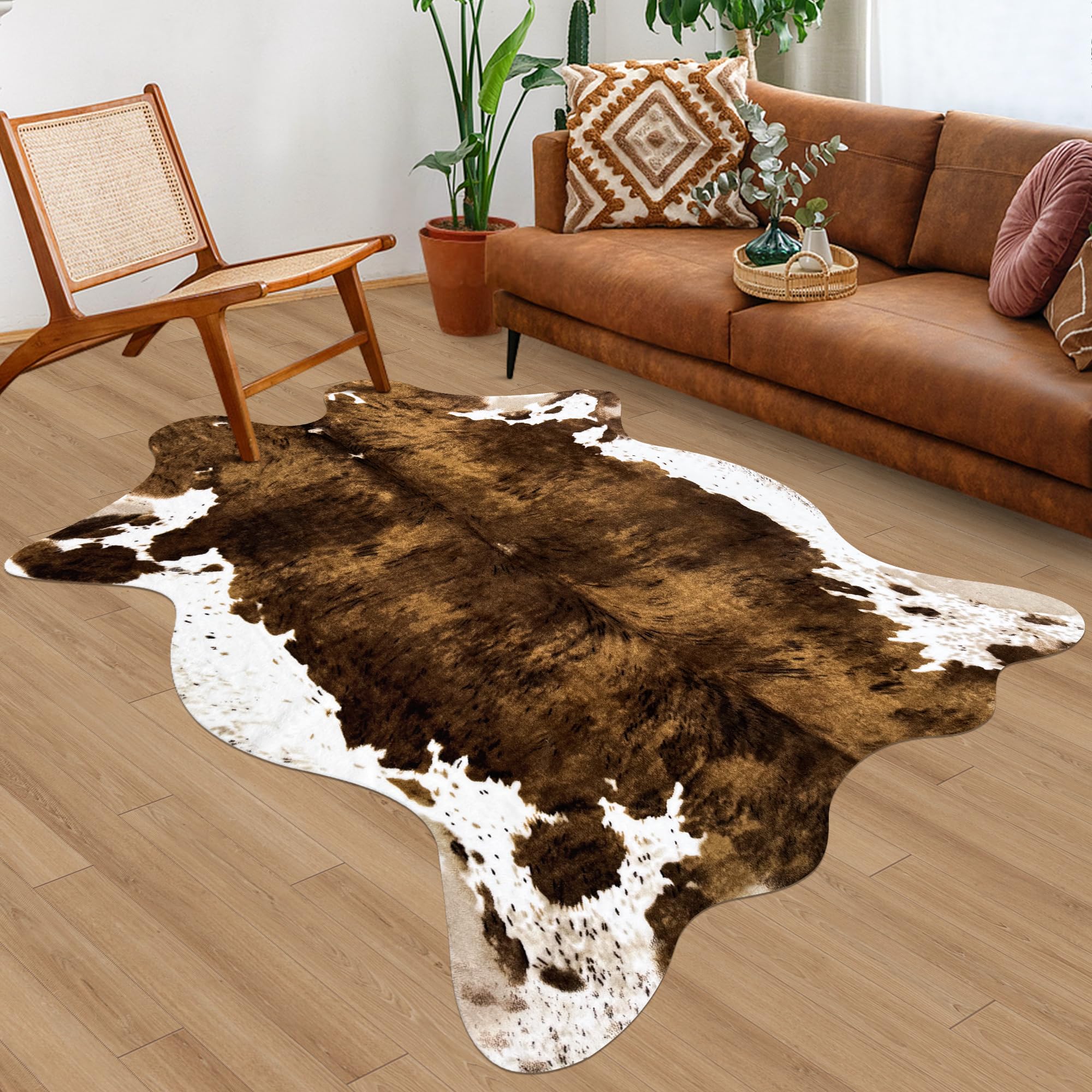 Grand tapis en cuir de vache synthétique pour chambre à coucher, salon, chambre d'enfant, bureau, table, décoration murale, marron, 1,4 x 1,6 m