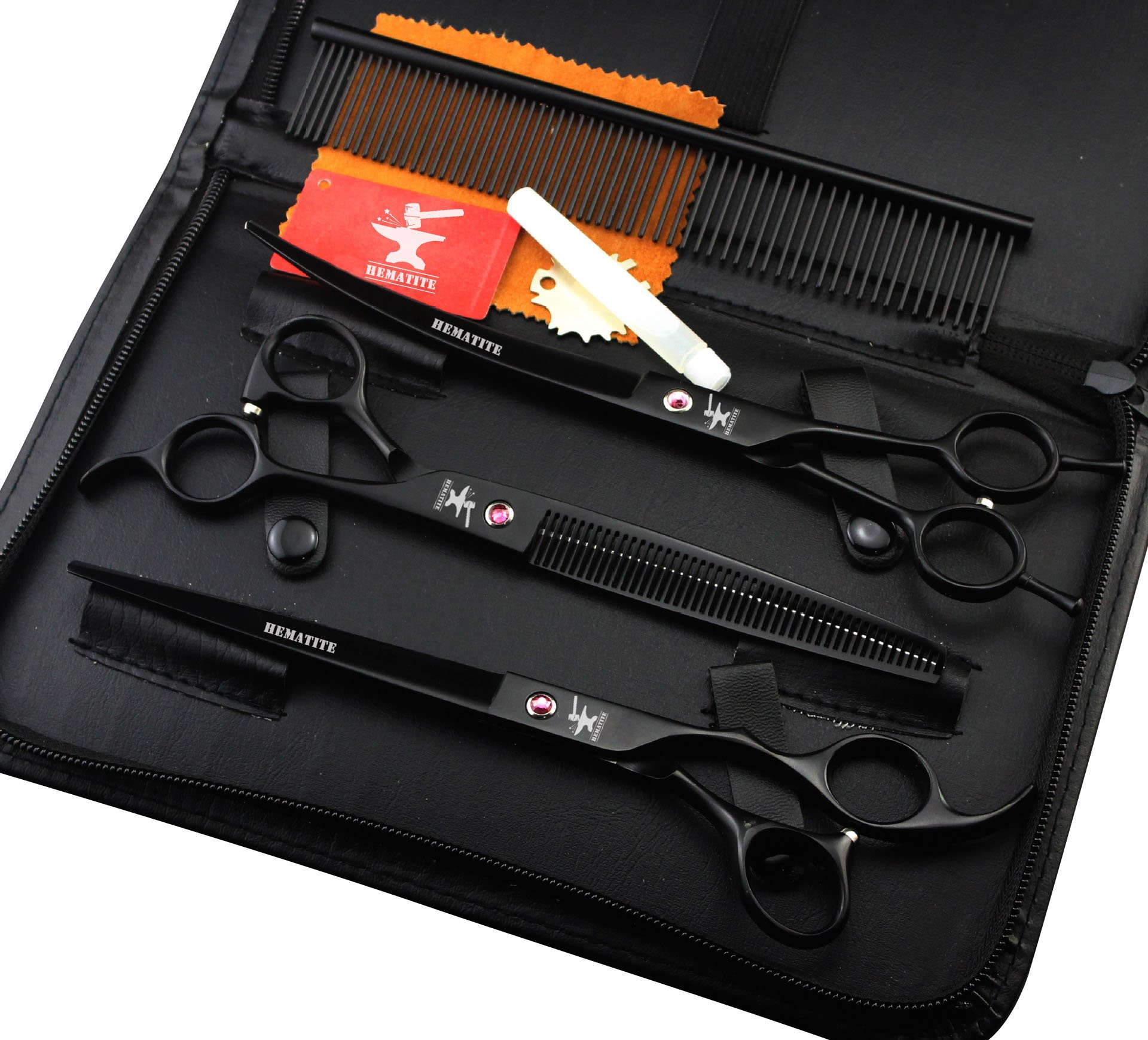 HEMATITE Set de Tijeras de Peluquería Profesional Negro de 8 Pulgadas, Tijeras de Corte de Gato y Perro y Tijeras de entresacar, Incluyendo Peine, Estuche Negro