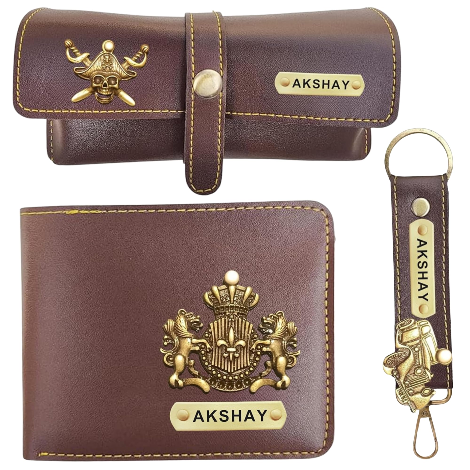 Combo Gifts for Men/Genuine Leather Customised Wallet, Keychain and Sunglass Holder/Customised Birthday Gift for Men, Husband, Boyfriend and Friend - Brown (Pack of 3 Piece)-image-11