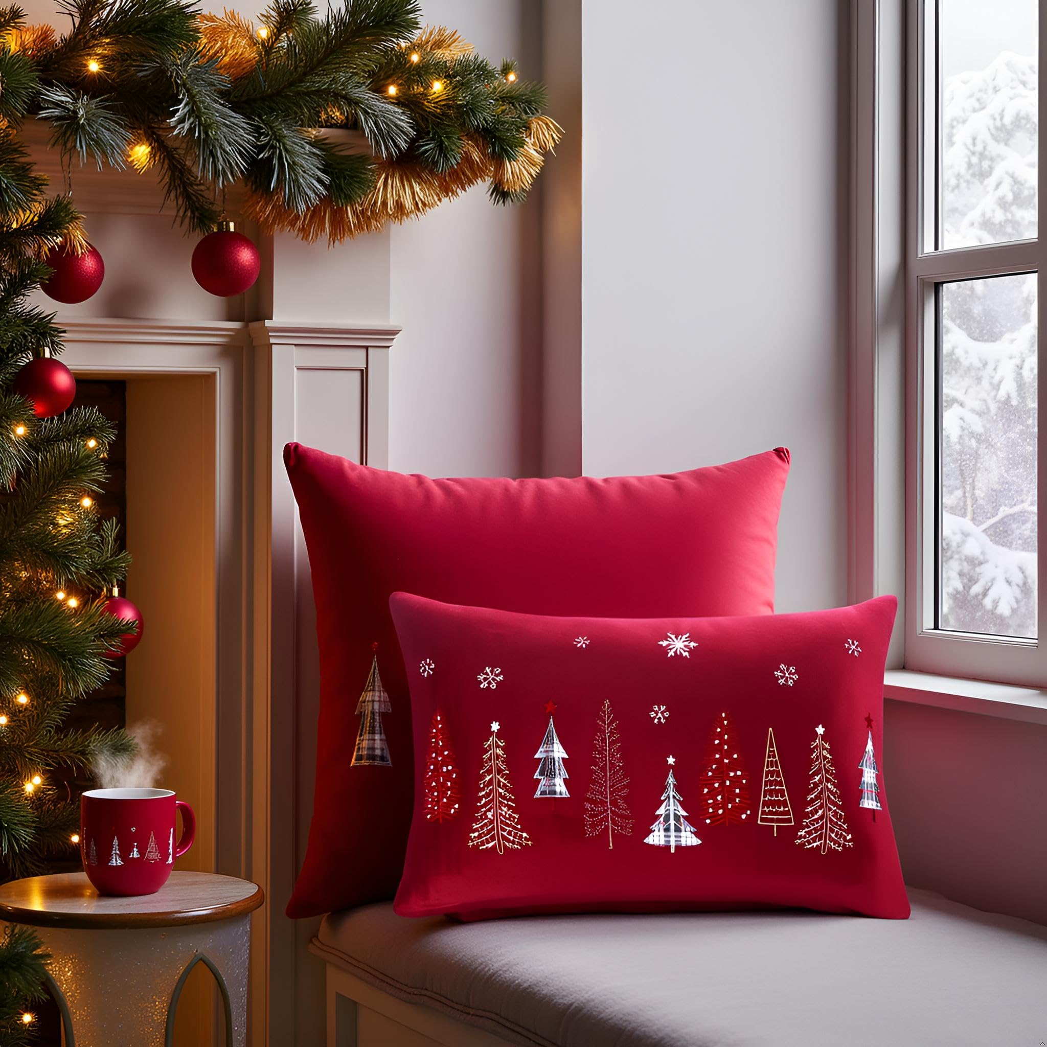 Tosleo - Juego de 2 Fundas de cojín (Terciopelo, 40 x 66 cm, Funda de Almohada, Color Rojo y Alegre Xmas, Muchos árboles de Navidad, decoración de Invierno, para sofá, Cama, Silla, salón o casa