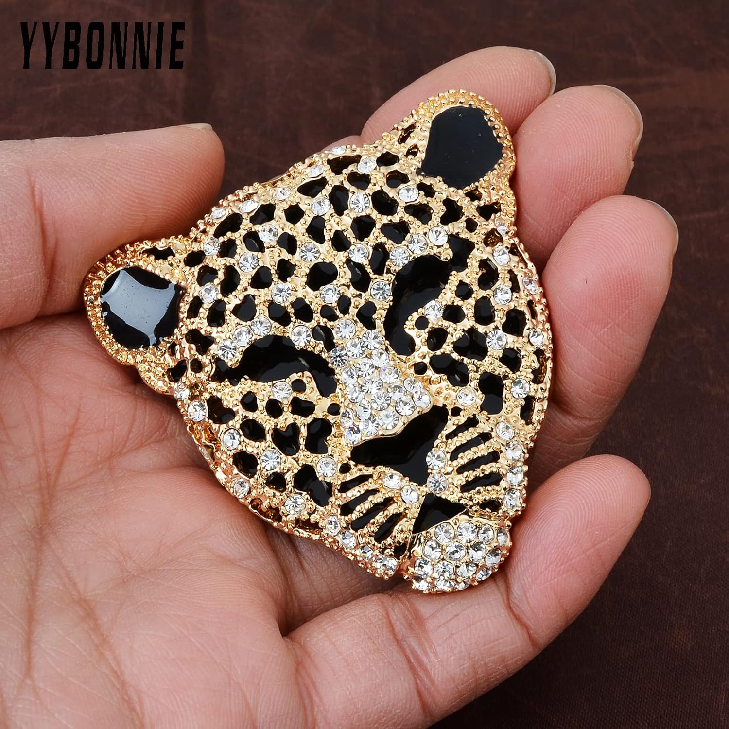 Vintage Black Enamel Spotted Leopard Head Rhinestone CZ Animal Brooch Pin Lapel Pin Badge - Image 2