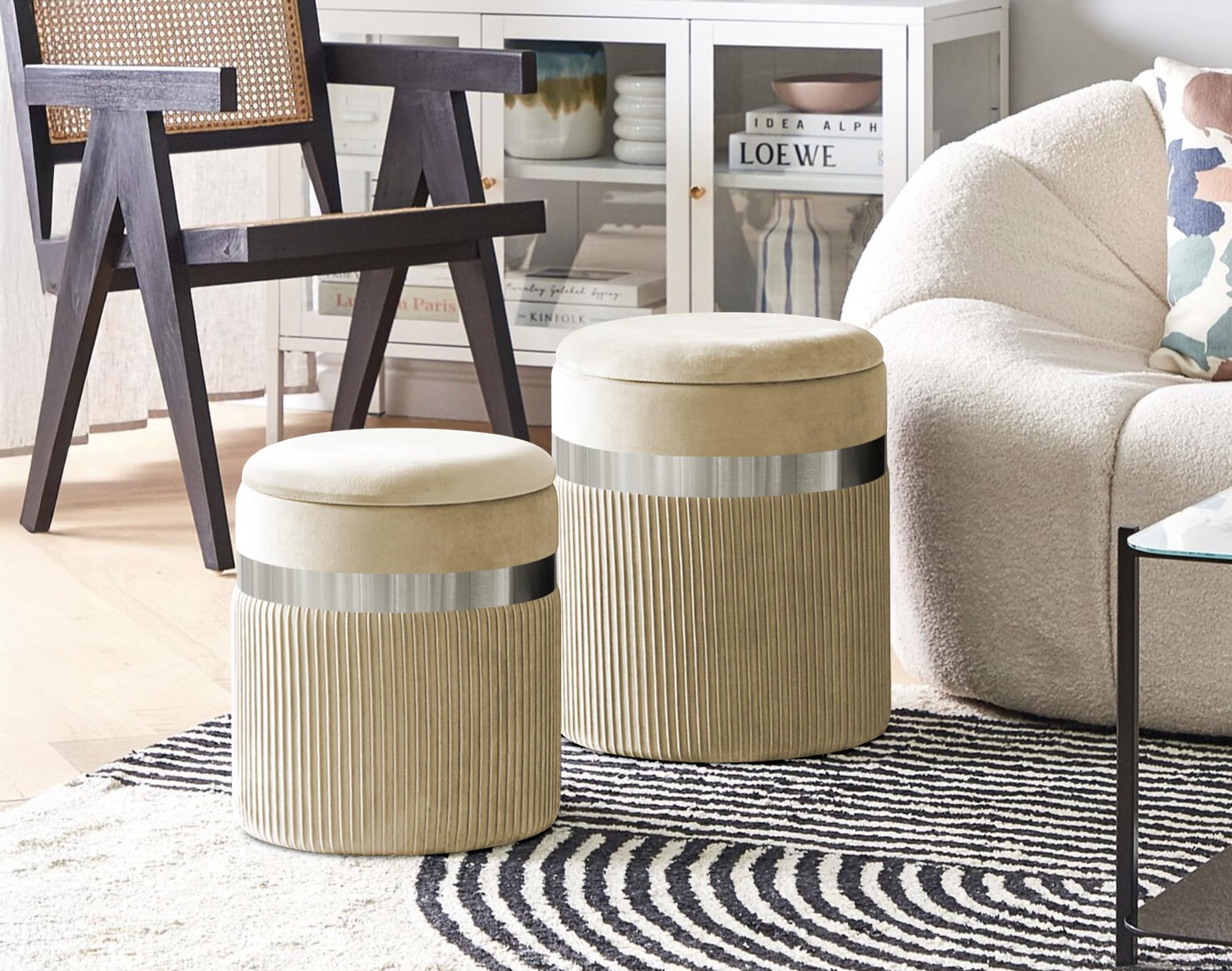 IlGruppone Set Di 2 Pouf Contenitori In Velluto Design Moderno Poggiapiedi,Tondo con Coperchio Rimovibile e Seduta Imbottita - Panna