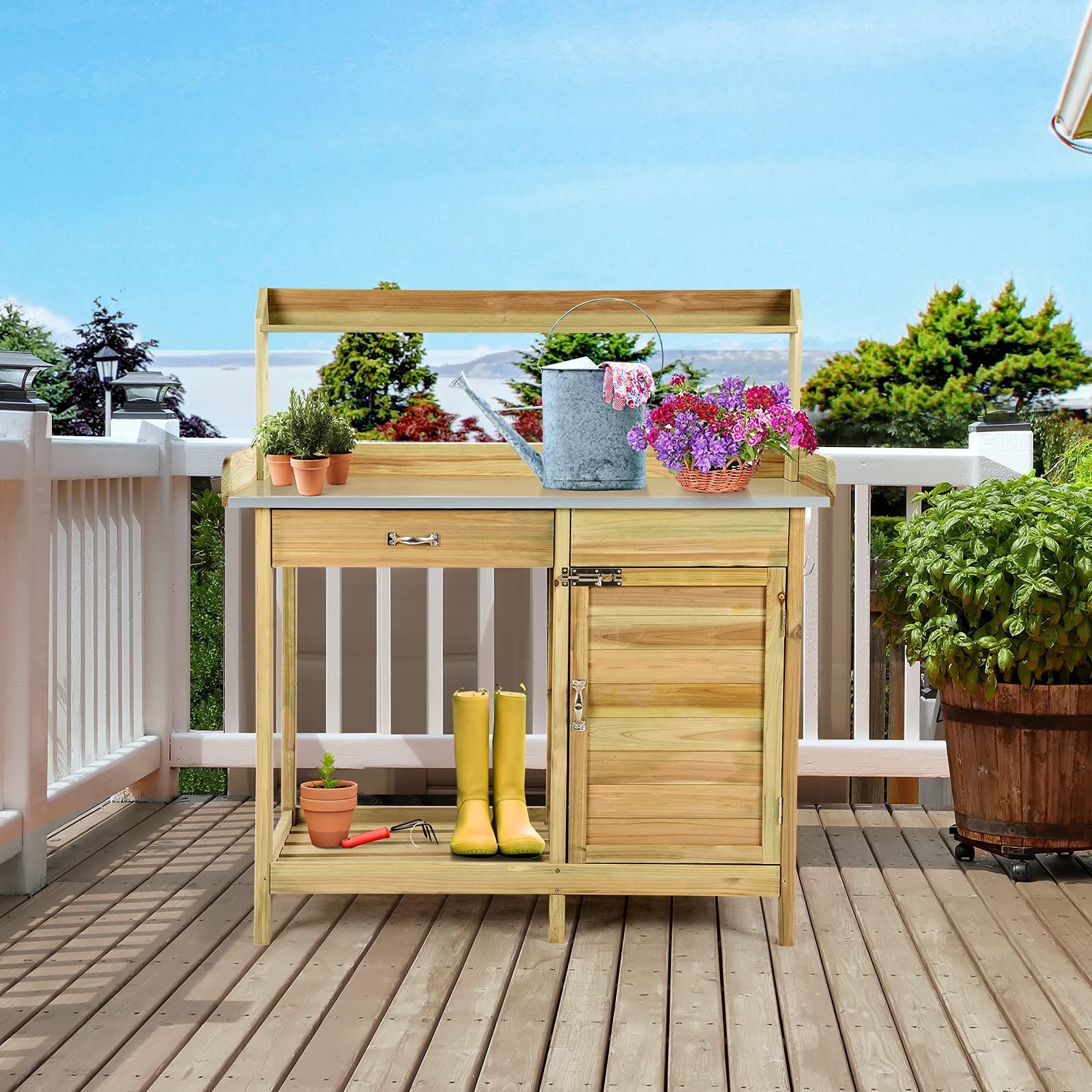 GOPLUS Mesa de Jardinería de Madera de Abeto, Mesa de Plantación con Cajón, Estante Abierto y 3 Ganchos, Banco de Trabajo para Jardín Exterior, Terraza, Patio, 112 x 46 x 125 cm, Natural