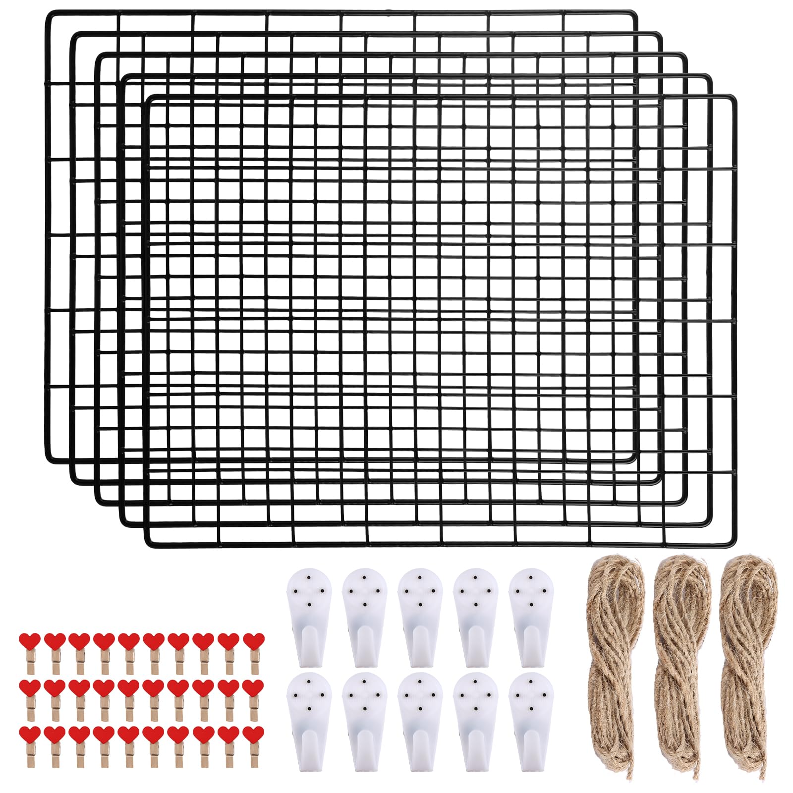 LDHHYH Grid Wall Panels, 5 Pack Metal Wall Grid Panel Black, Wire Grid Photo Display Organizer, Metal Wire Notice Boards with Clips and Hooks for Photo Memo Note Art Wall Décor, 40x30cm