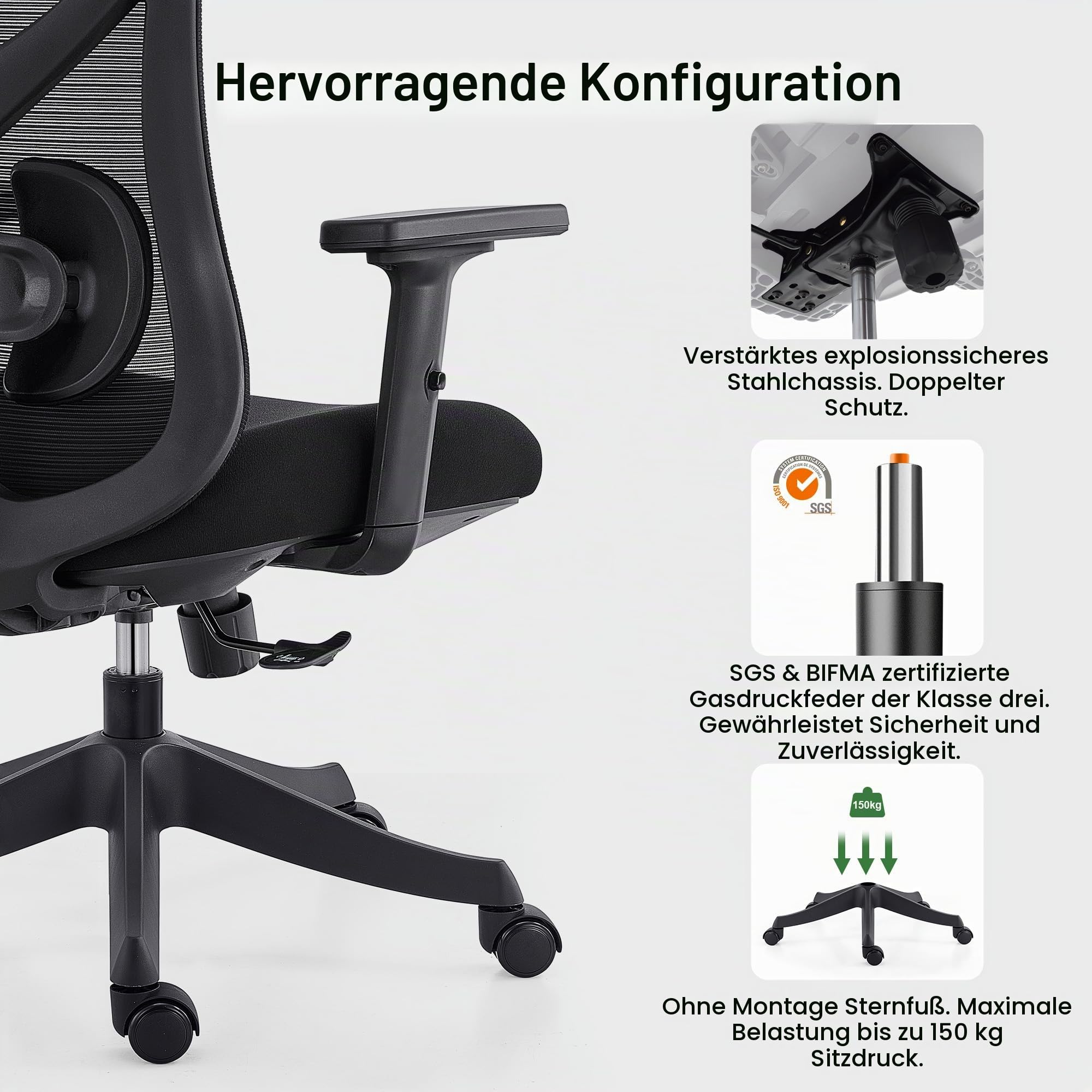 CALIYO G-1635H Bürostuhl Ergonomisch, Schreibtischstuhl mit Verstellbarer Kopfstütze, Armlehnen, Lendenstütze und Wippfunktion – Atmungsaktiver Mesh-Drehstuhl, Gamingstuhl, Bürostuhl 150 kg, Schwarz