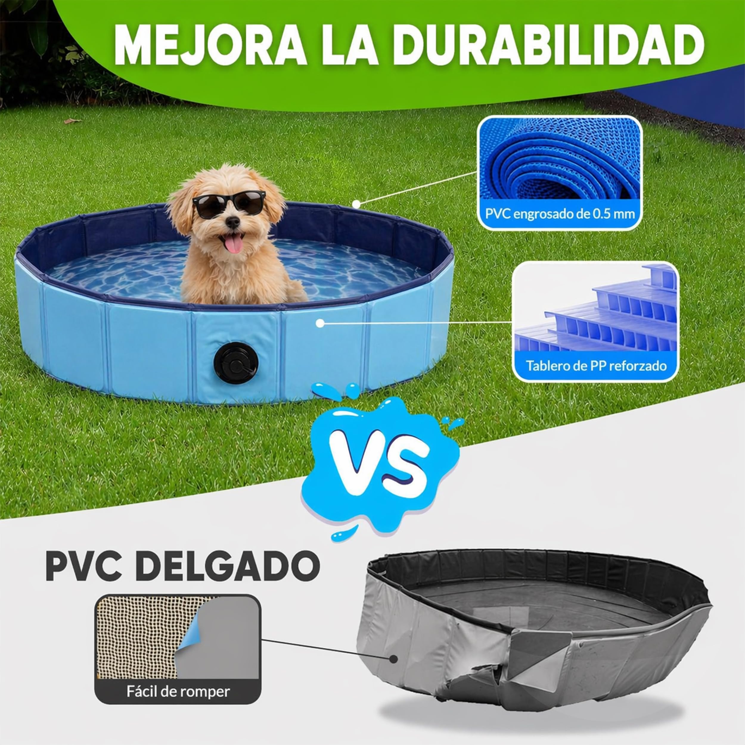 BESCH Piscina Plegable para Perros y Gatos, Bañera para Mascotas Portátil con Desagüe, Piscina Antideslizante para Verano, Uso Interior y Exterior 120Ø x 30 cm