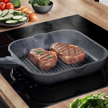 STONELINE Smart Grill Pan 28 cm Redesign 25/26 Large Steak Pan Cast Aluminium Removable Handle Induction Pan All Hob Types Non-Stick Coating with Real Stone Particles Grey