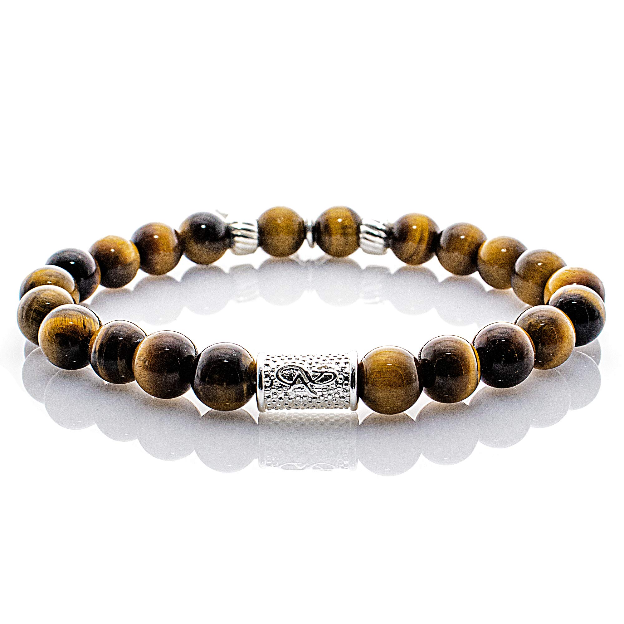 Bracciale in argento sterling 925 con occhio di tigre Bracciale con perle Classe A+ Ciondolo con croce di piume 8 mm (Piuma e croce)