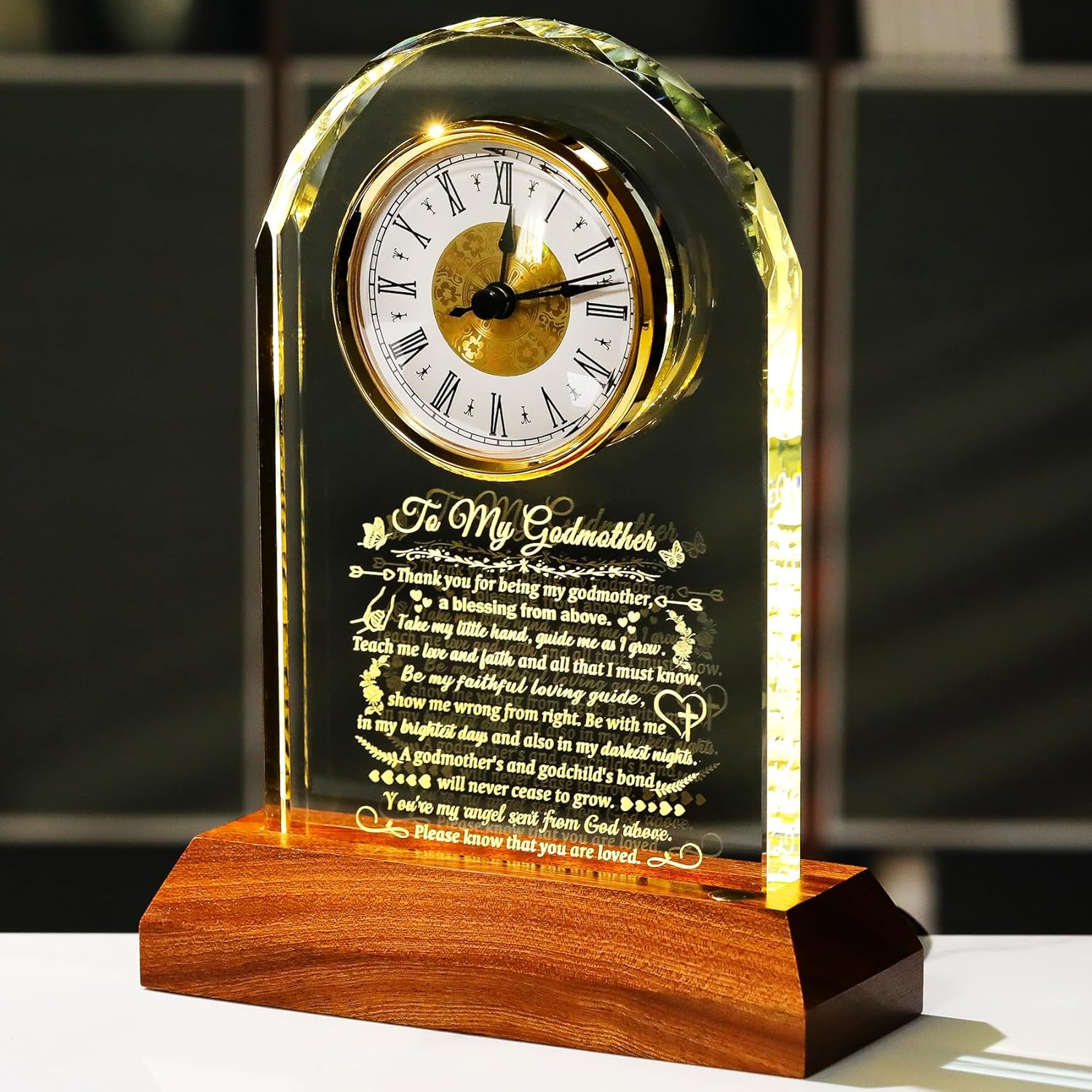 Godmother Gifts from Godchild with Wooden Light Base, Glass Clock Gift for Best Godmother on Birthday Christmas Mothers Day Thanksgiving from Goddaughter Godson Table Decor