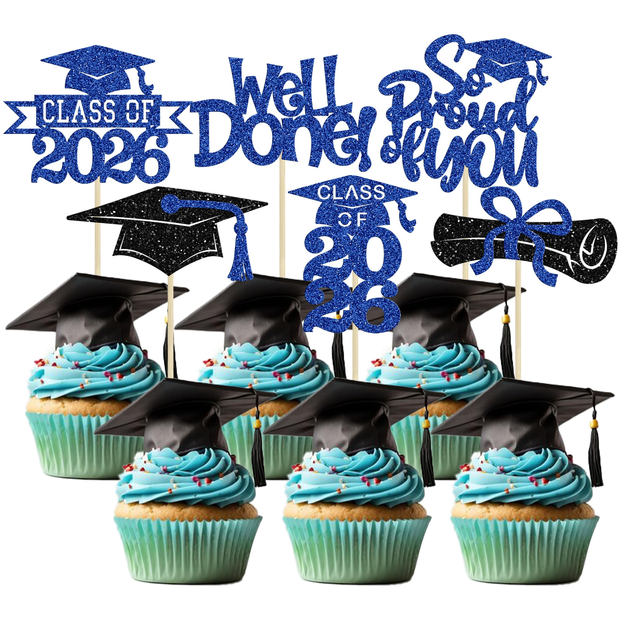 Gyufise 24Pcs Congrats Grad 2026 Cupcake Toppers Glitter 2026 Graduation Done Diploma Cupcake Picks Class of 2026 Cupcake Decorations for 2026 Graduation Theme Party Supplies Blue
