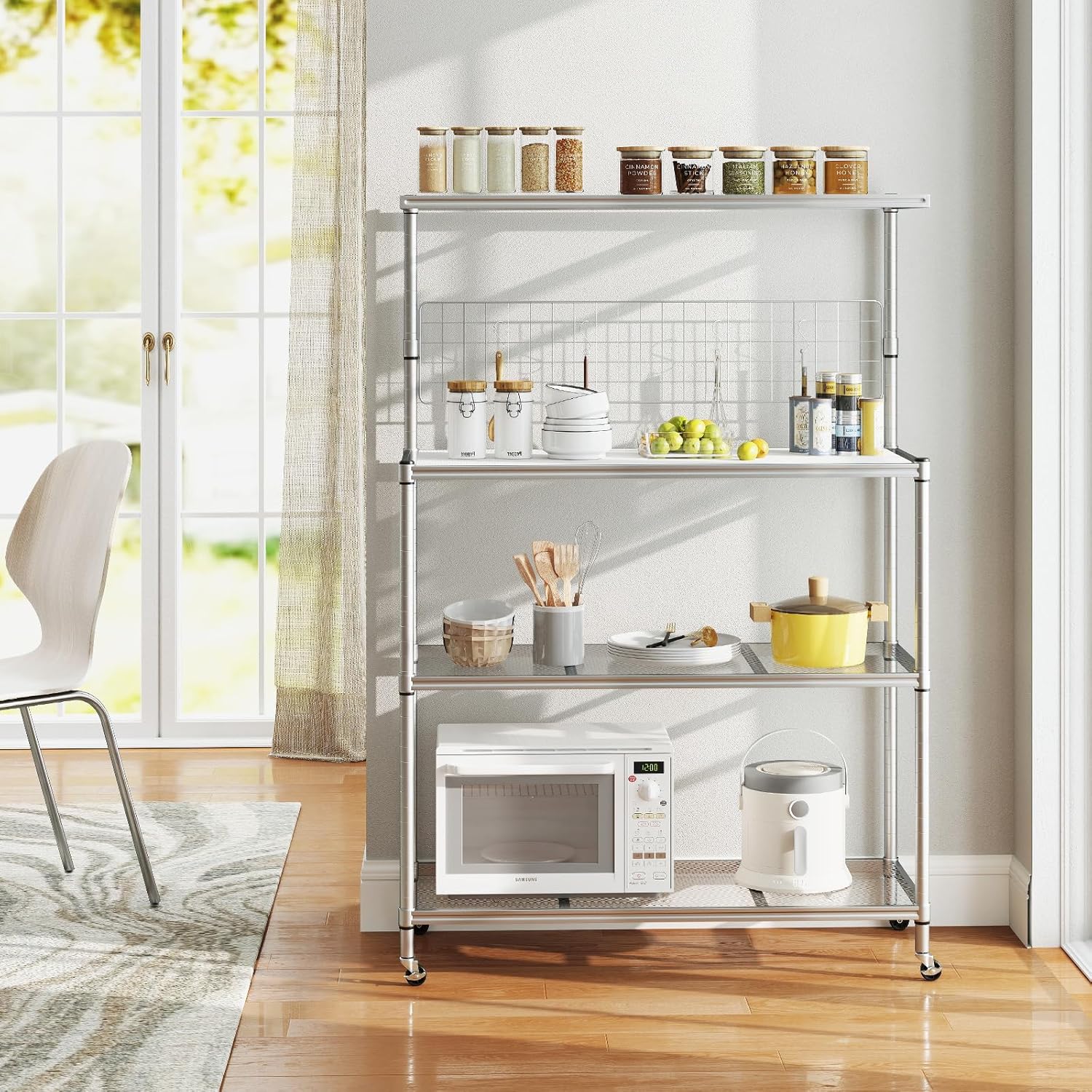 GOFLAME Kitchen Bakers Rack on Wheels, 4-Tier Microwave Stand with Adjustable Shelves, Hanging Grid Panel and 4 S-Hooks, Heavy-Duty Metal Coffee Bar Table for Kitchen, Dining Room