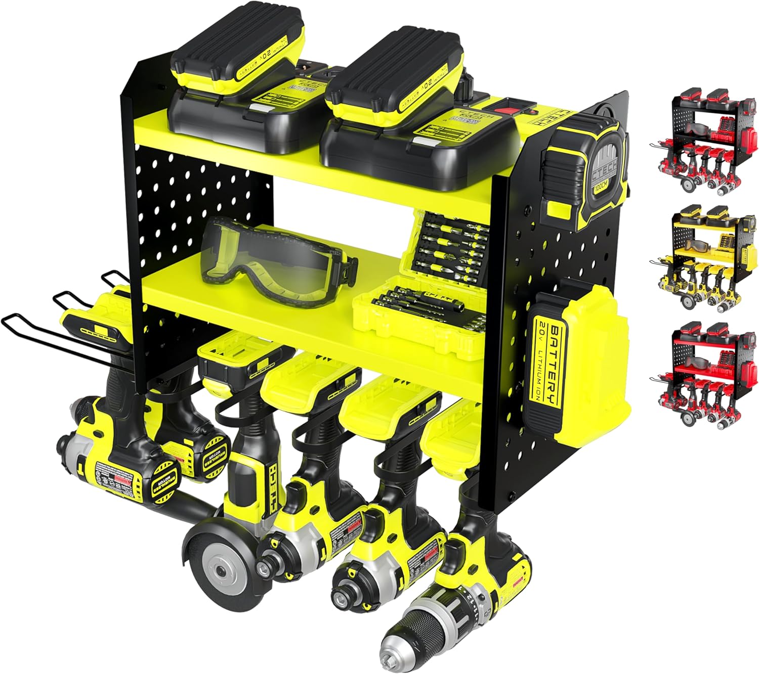 Power Tool Organizer-6 Drill Holder Wall Mount, 3 Tier Heavy-Duty Hand Tool Storage Rack, Utility Racks, Drill Holder, 2 Pegboard Sides - Garage Storage Cordless Tool Organizer (Green) 6 Drill Holder Green