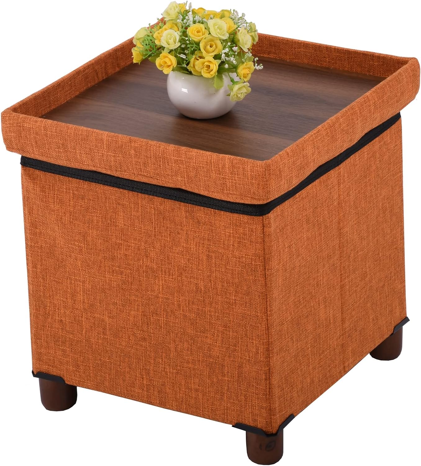 15 Inches Storage Ottoman with Wooden Legs Cube Foot Rest Stool, Square Footstool Storage, Ottoman with Storage for Living Room, Foldable Fabric Ottoman, Comfortable Seat with Lid, Space-Saving Orange