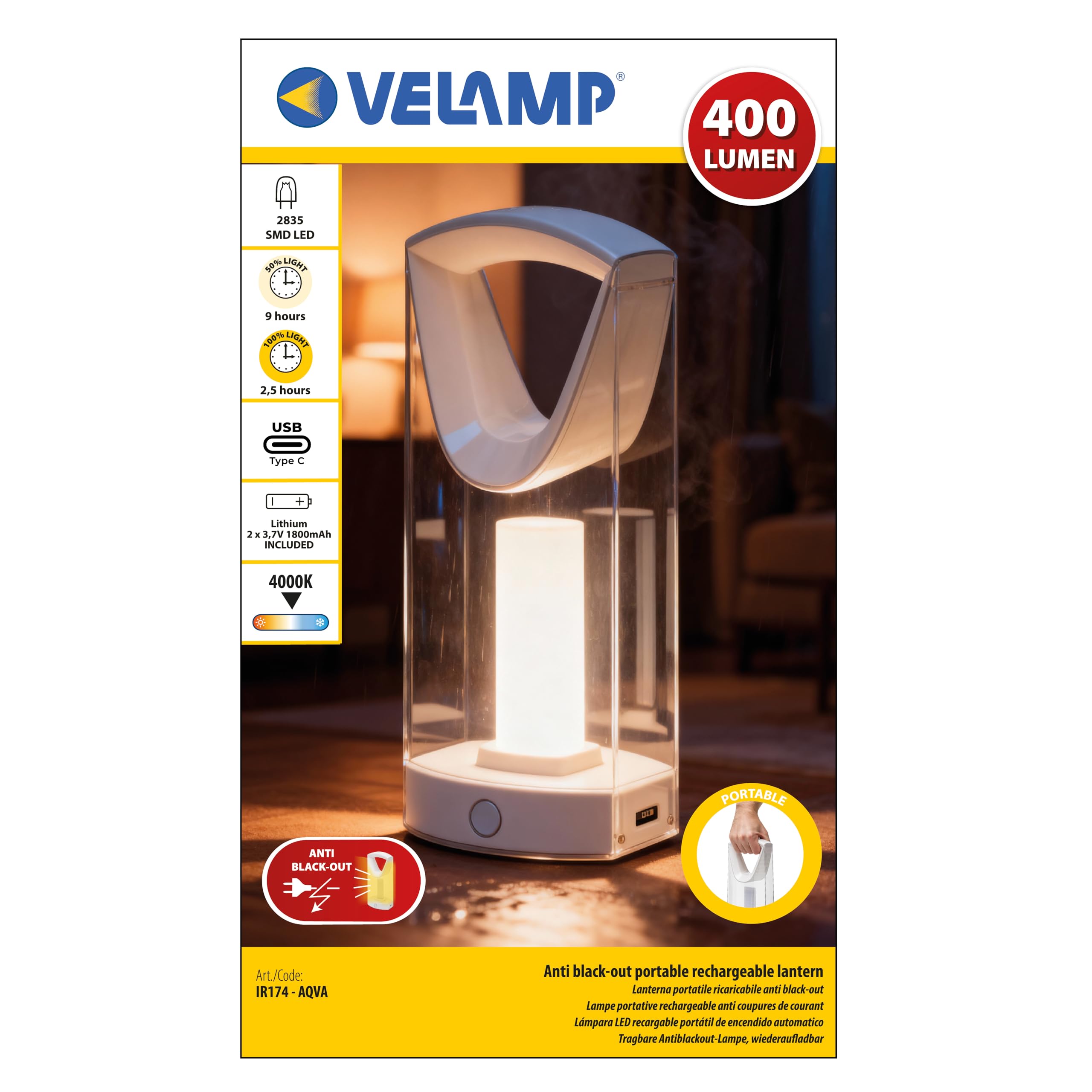 Velamp Lampada di Emergenza Portatile Ricaricabile 400 lumen, Lampada LED con funzione anti-blackout, Luce naturale 4000K - Dimmerabile - Con cavo USB, Sicura, Leggera e Compatta