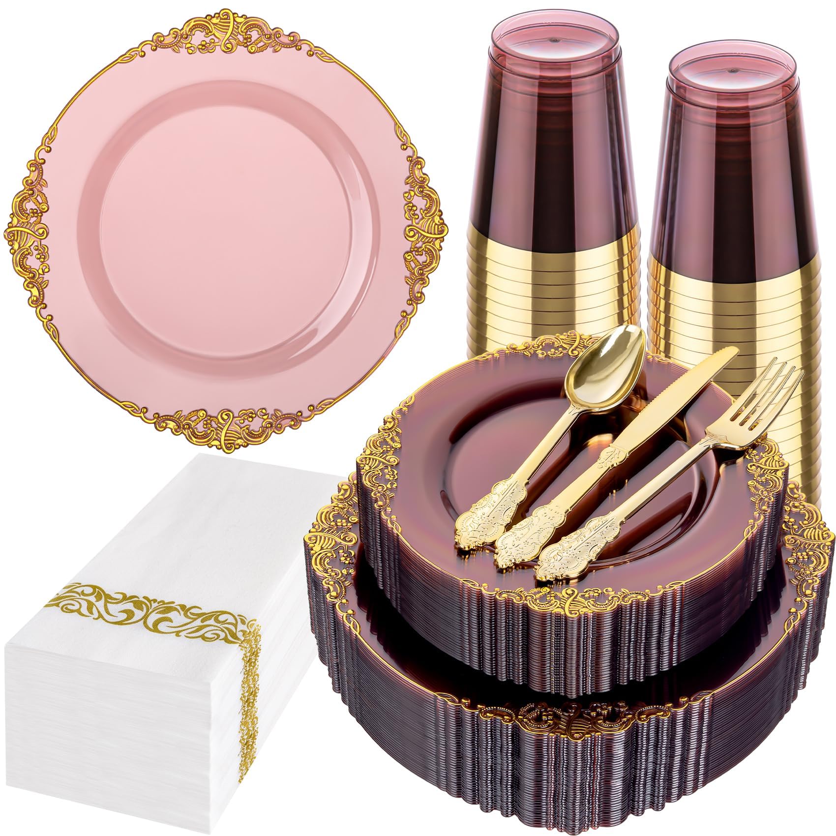 Hioasis 175pcs Burgundy and Gold Plates - Burgundy Party Plates for 25 Guest, Include 50 Heavy-duty Plates(20% Thicker Than Standard), 75 Cutlery Set, 25 Napkin, 25 Cups