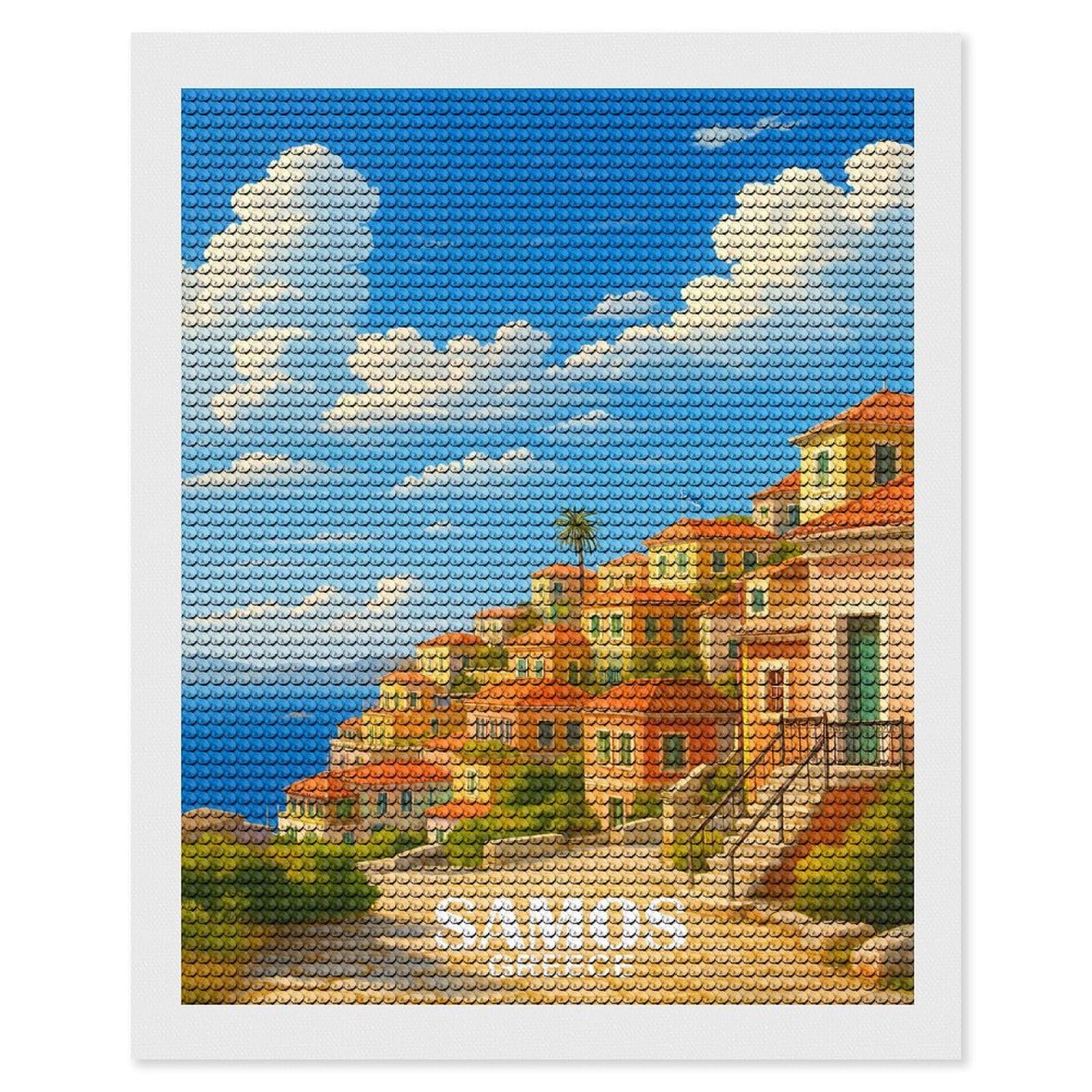 Junmoney Samos, Greece Coastal Scene Diamond Art Canvas 16"x20", for Adults, Good for Quiet Evenings, Bedroom Decor, Festive Craft Gift, Easy to Enjoy