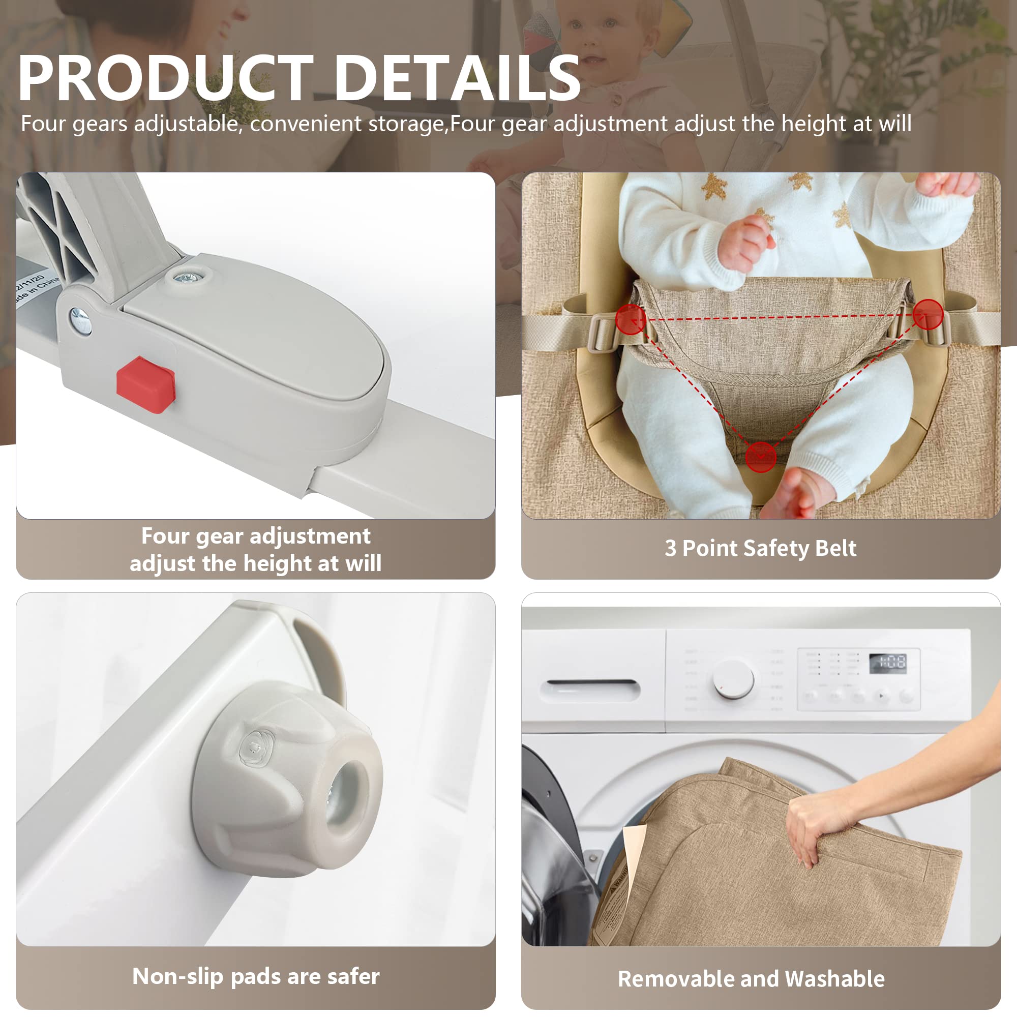 Baby Bouncer,Portable Baby Bouncer Seat for Infants,Bouncer Seat for Babies, Newborn Bouncer with 3-Point Harness, Seat & Infant to Toddler Rocker for Babies 0-6 Months (Khaki)