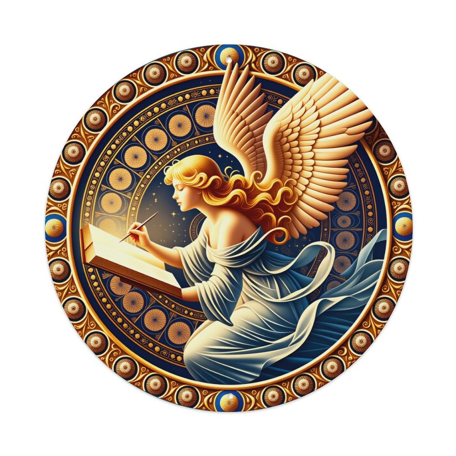 Angel Writing With Wings And Book Round Tin Sign Vintage Style Metal Sign Home Bar Garden Wall Plaque Decor Metal Poster 8x8 Inch